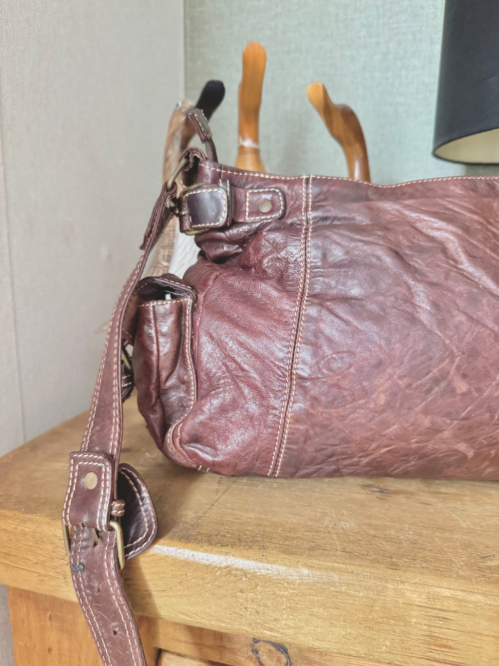 y2k vintage brown real leather golden hardware detail buckle shoulder bag