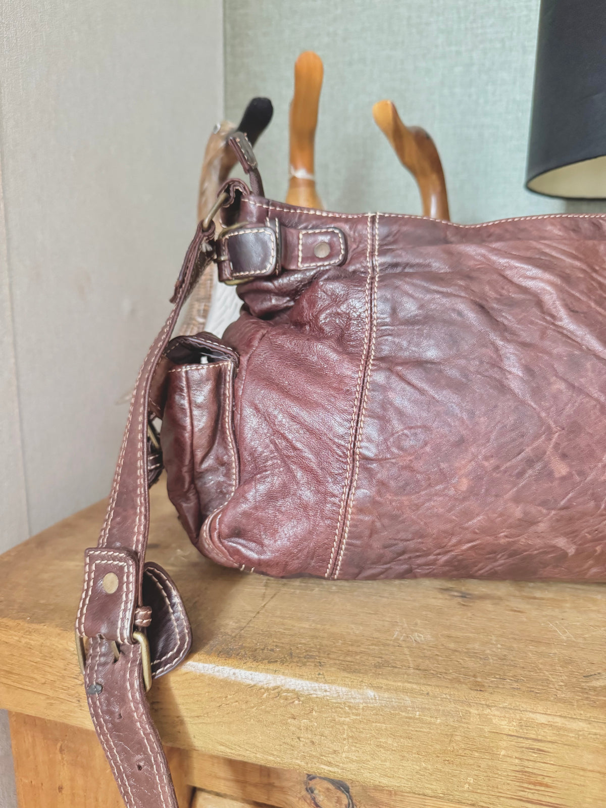 y2k vintage brown real leather golden hardware detail buckle shoulder bag