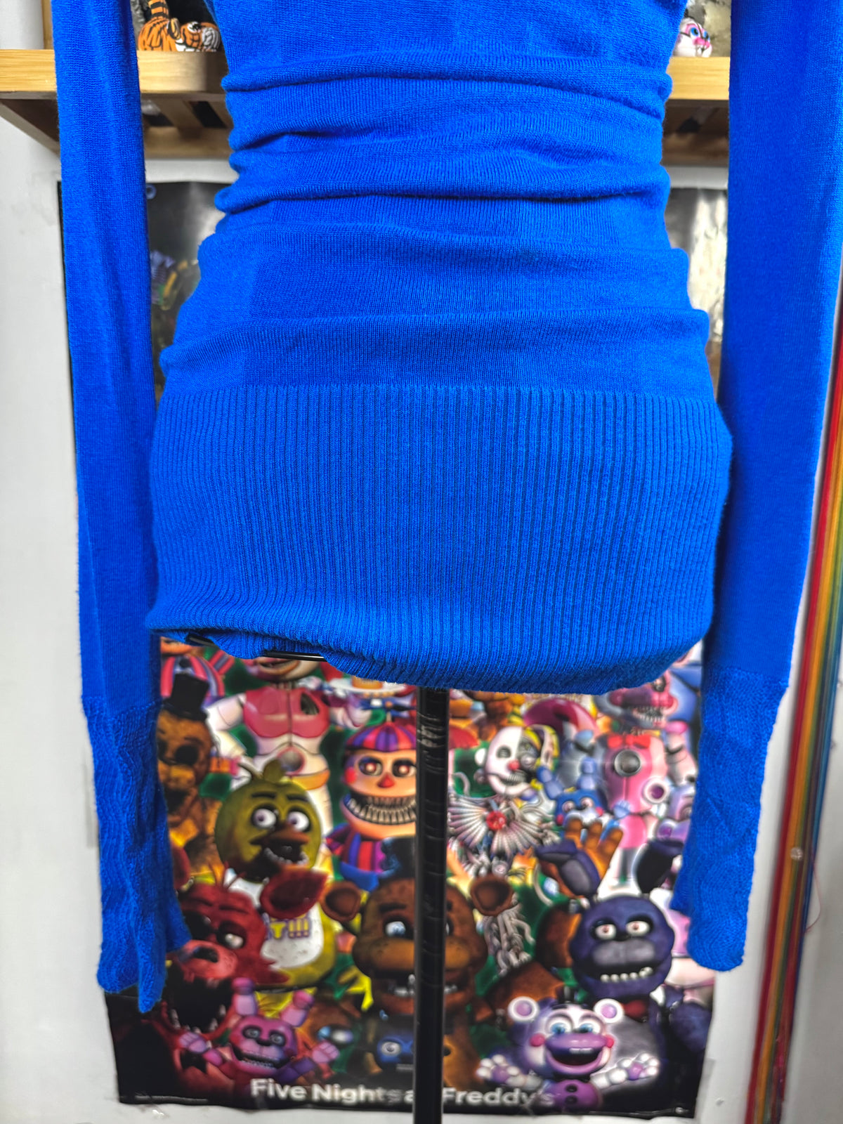 y2k vintage royal blue off shoulder fitted long sleeved top with ribbed knit detail