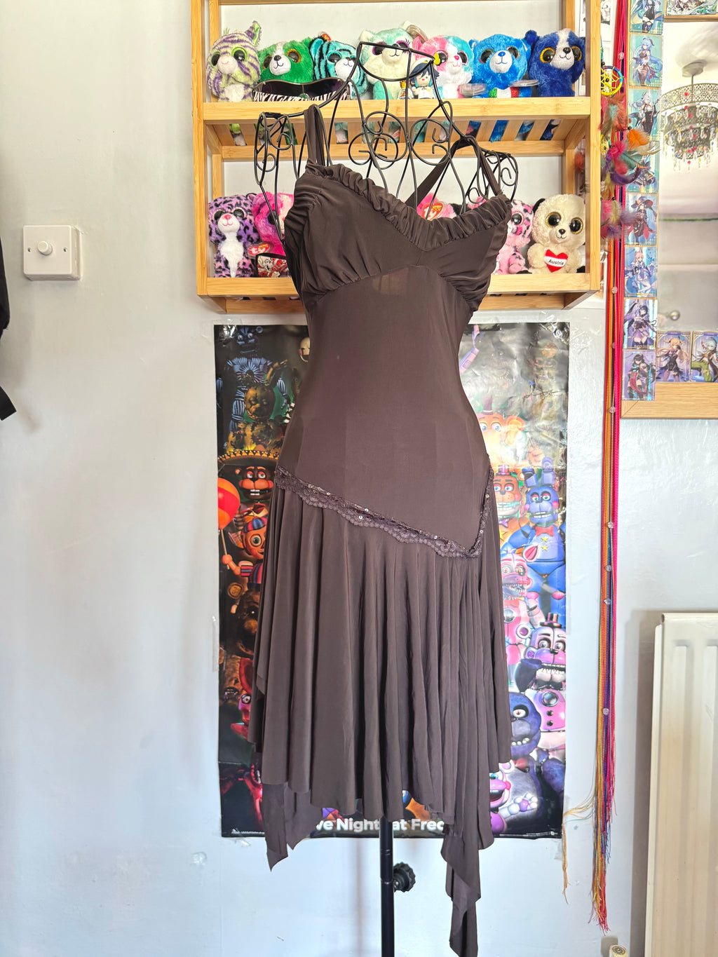 y2k vintage chocolate brown asymmetrical hem lace trim midi dress with crisscross back fairy