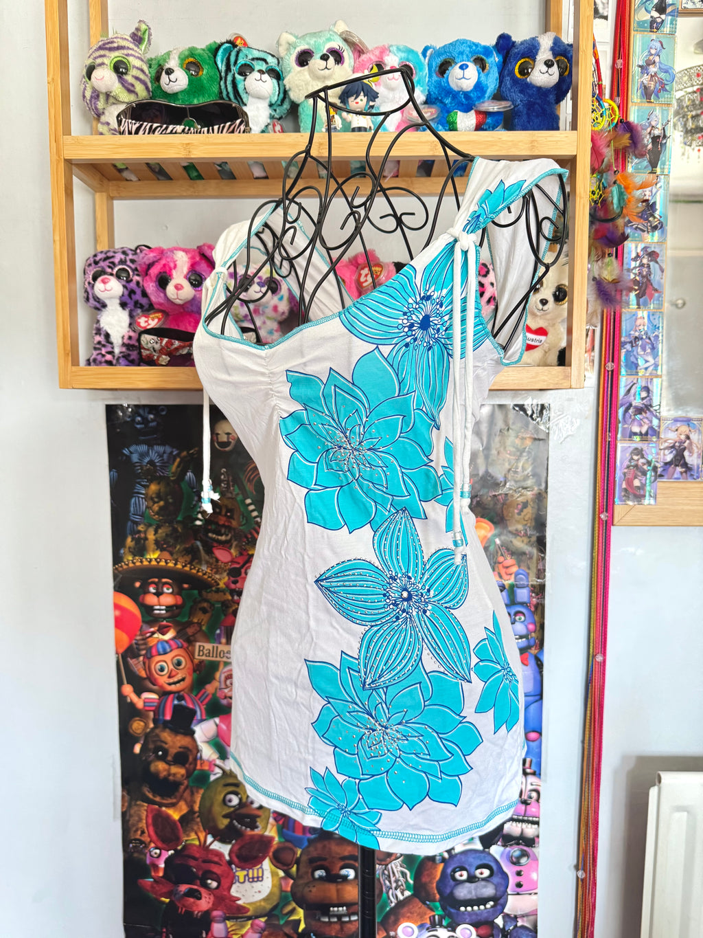 y2k vintage turquoise floral print fitted cami top with ruched detail, rhinestones and sleeve tassels