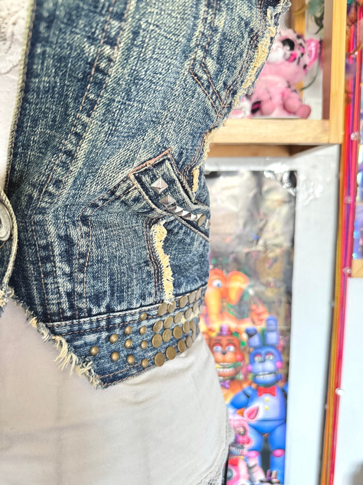 y2k vintage medium wash denim sleeveless waistcoat with studs and punk details
