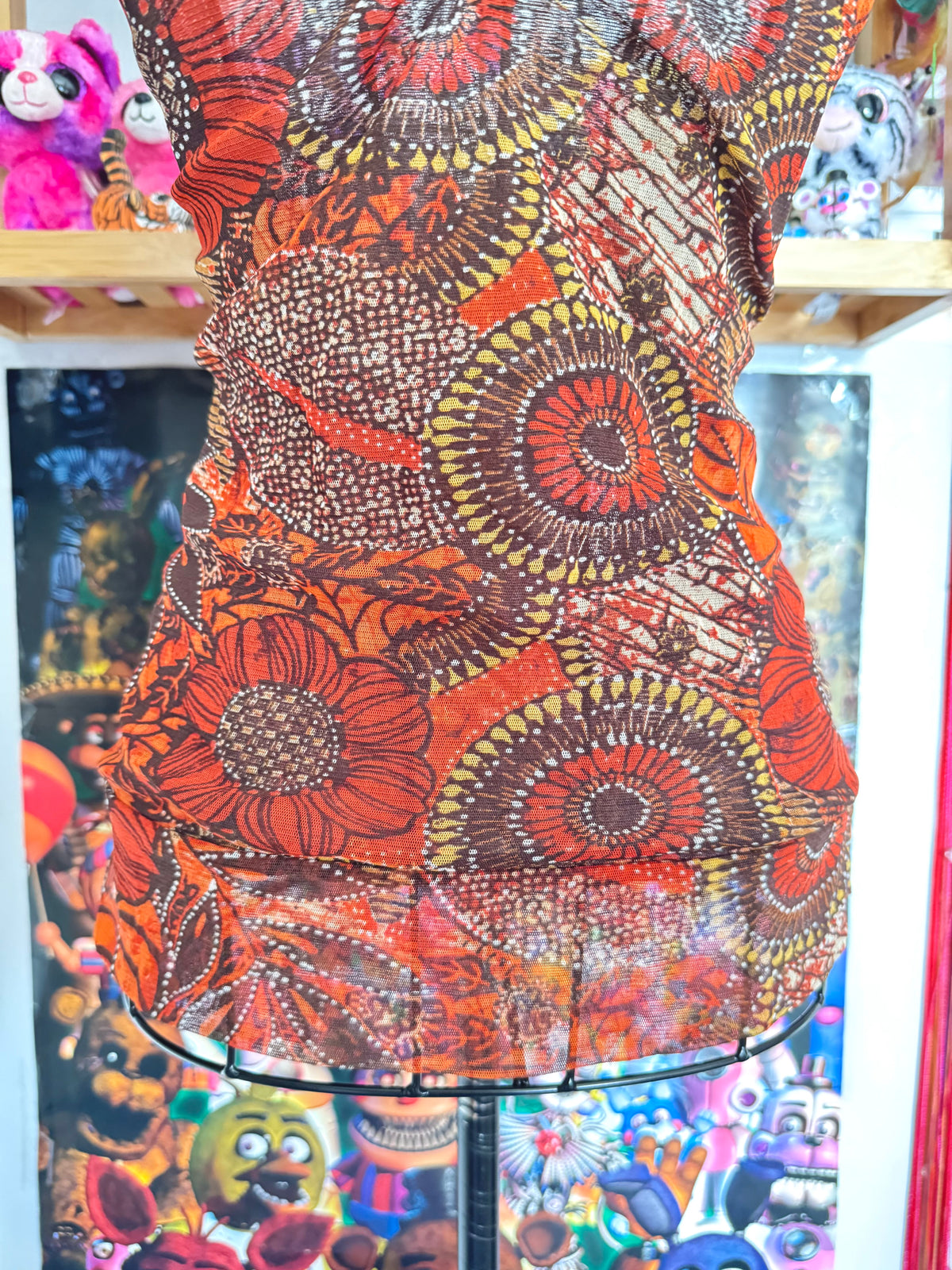 y2k vintage orange floral mesh cami top with wooden beading