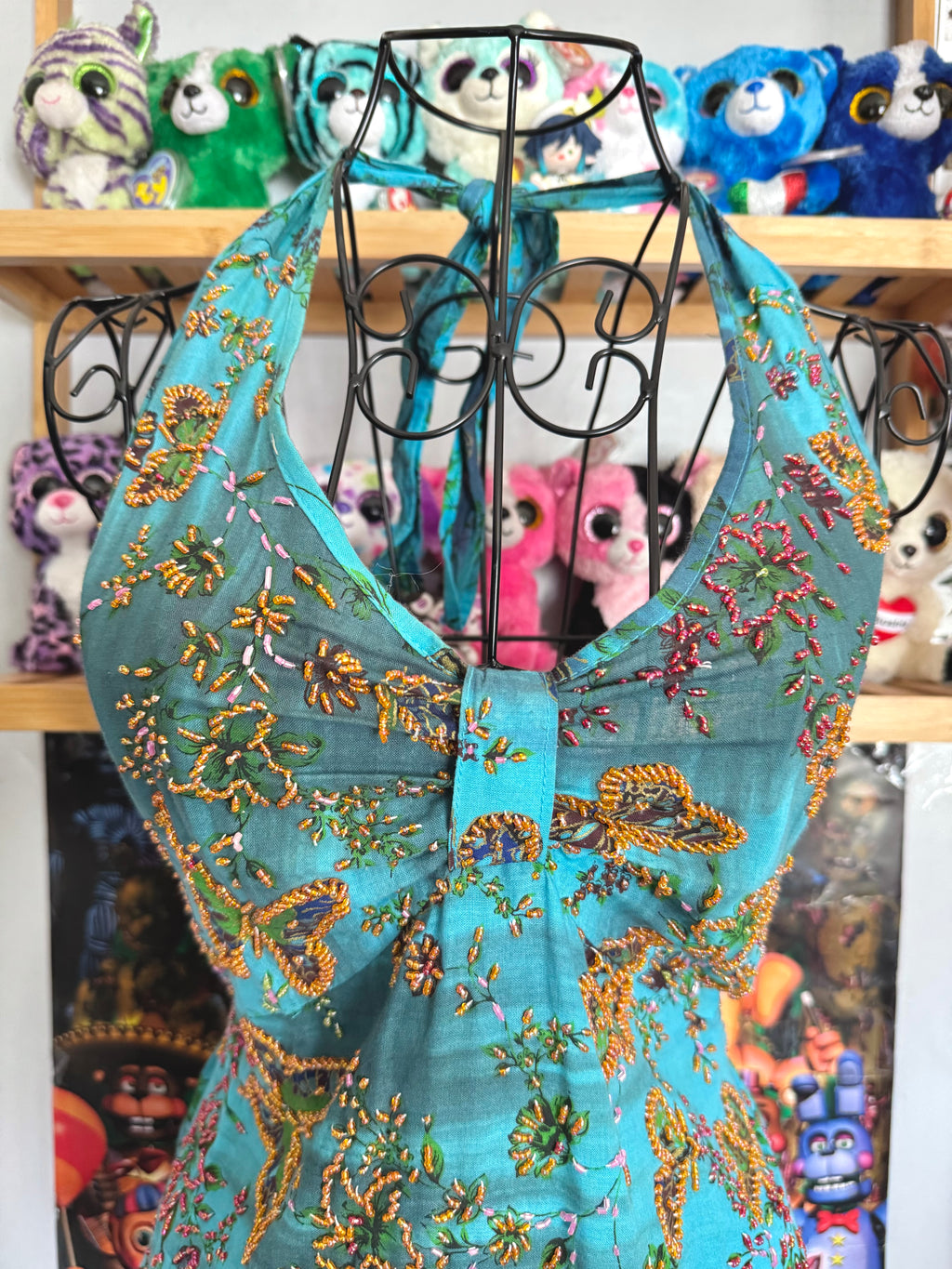 y2k vintage aqua and teal blue fitted beaded butterfly halterneck cami top