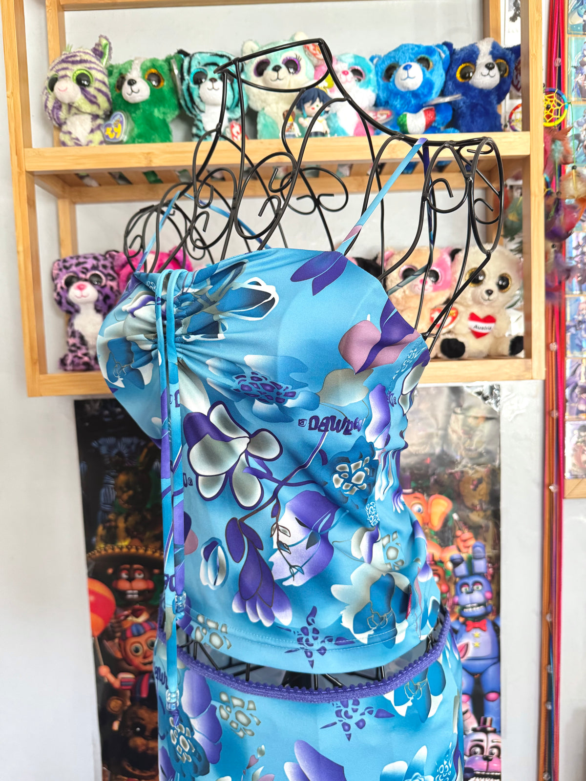 y2k vintage aqua blue h2o floral print two piece midi skirt and cami top set