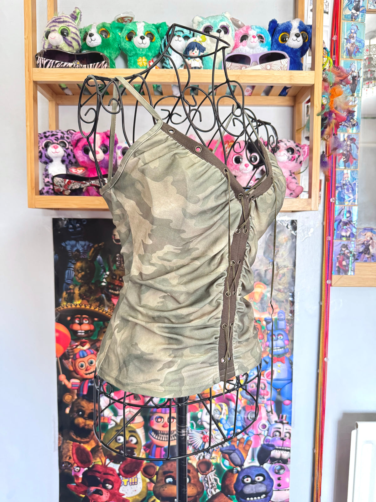 y2k vintage camouflage print green lace up ruched and fitted cami top with grommets