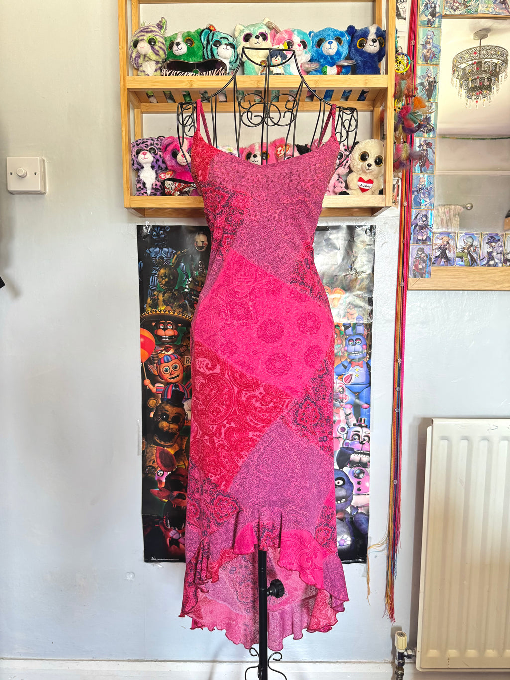 y2k vintage pink paisley print patchwork style midaxi length mesh dress