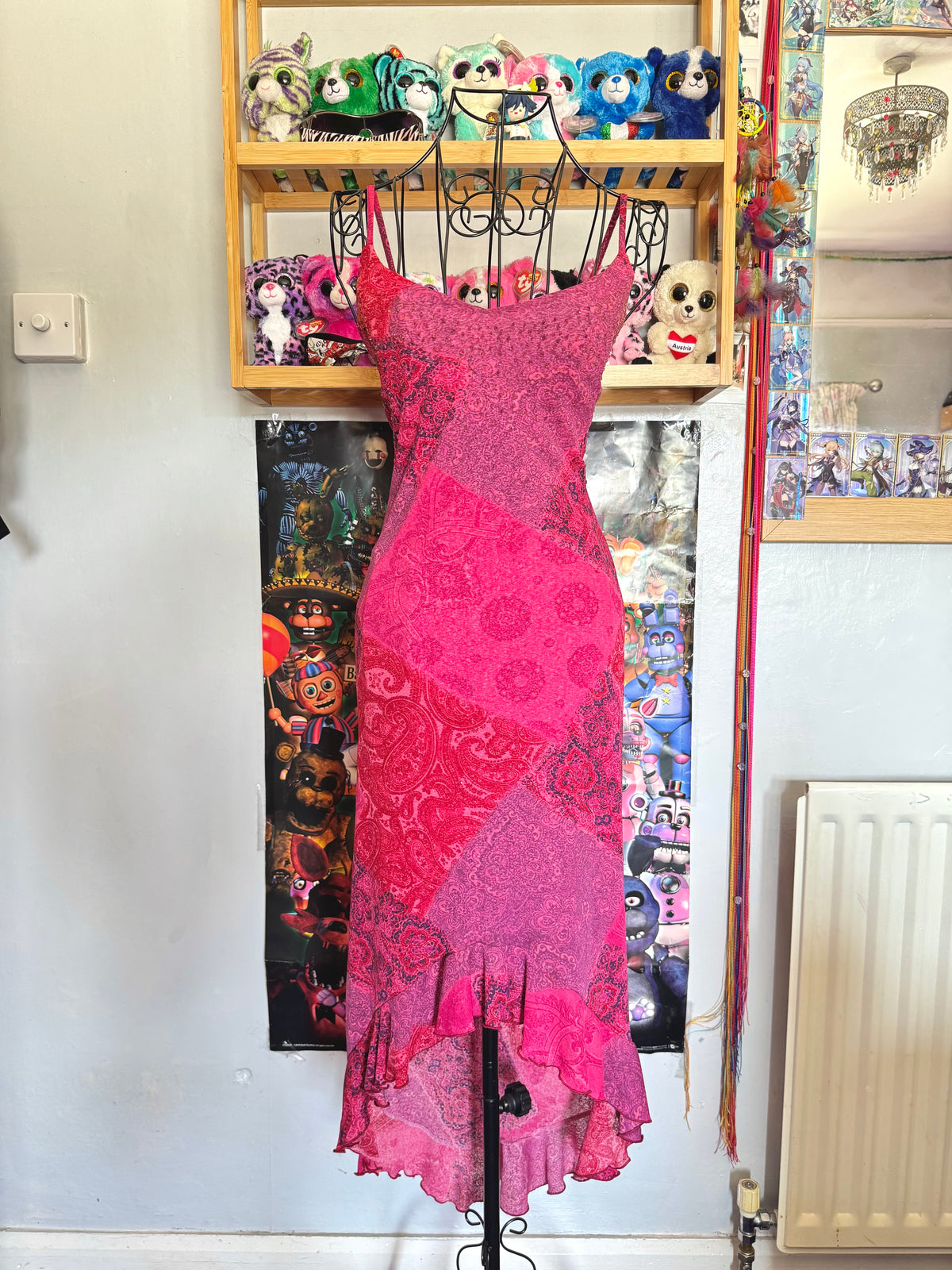 y2k vintage pink paisley print patchwork style midaxi length mesh dress