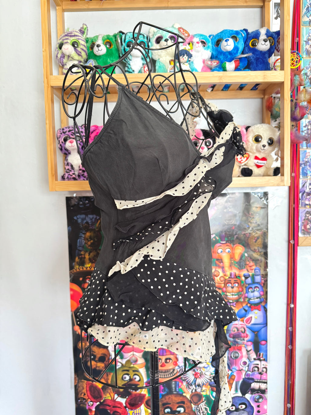 y2k vintage black and cream silk polkadot fitted asymmetrical cami top