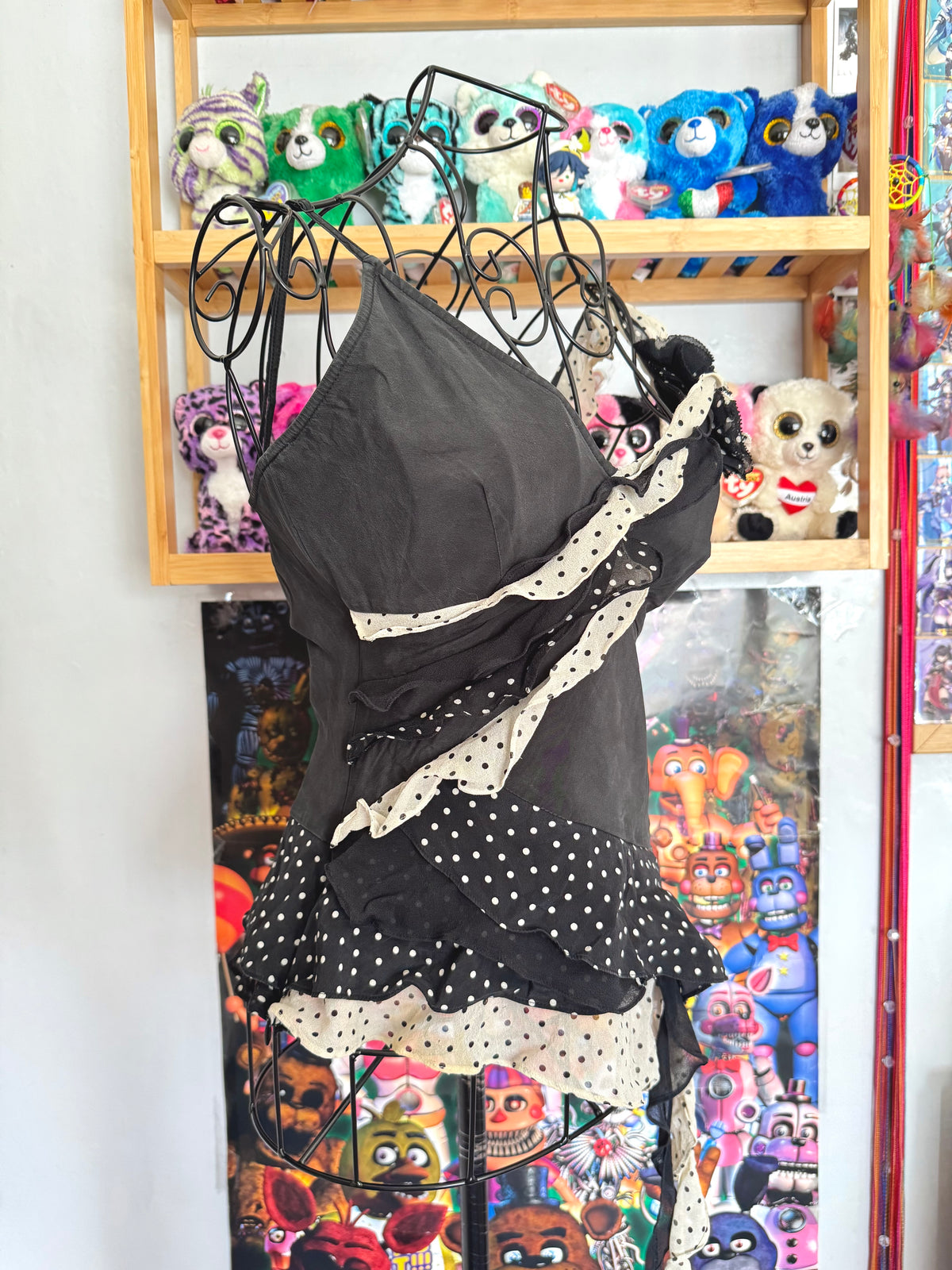y2k vintage black and cream silk polkadot fitted asymmetrical cami top