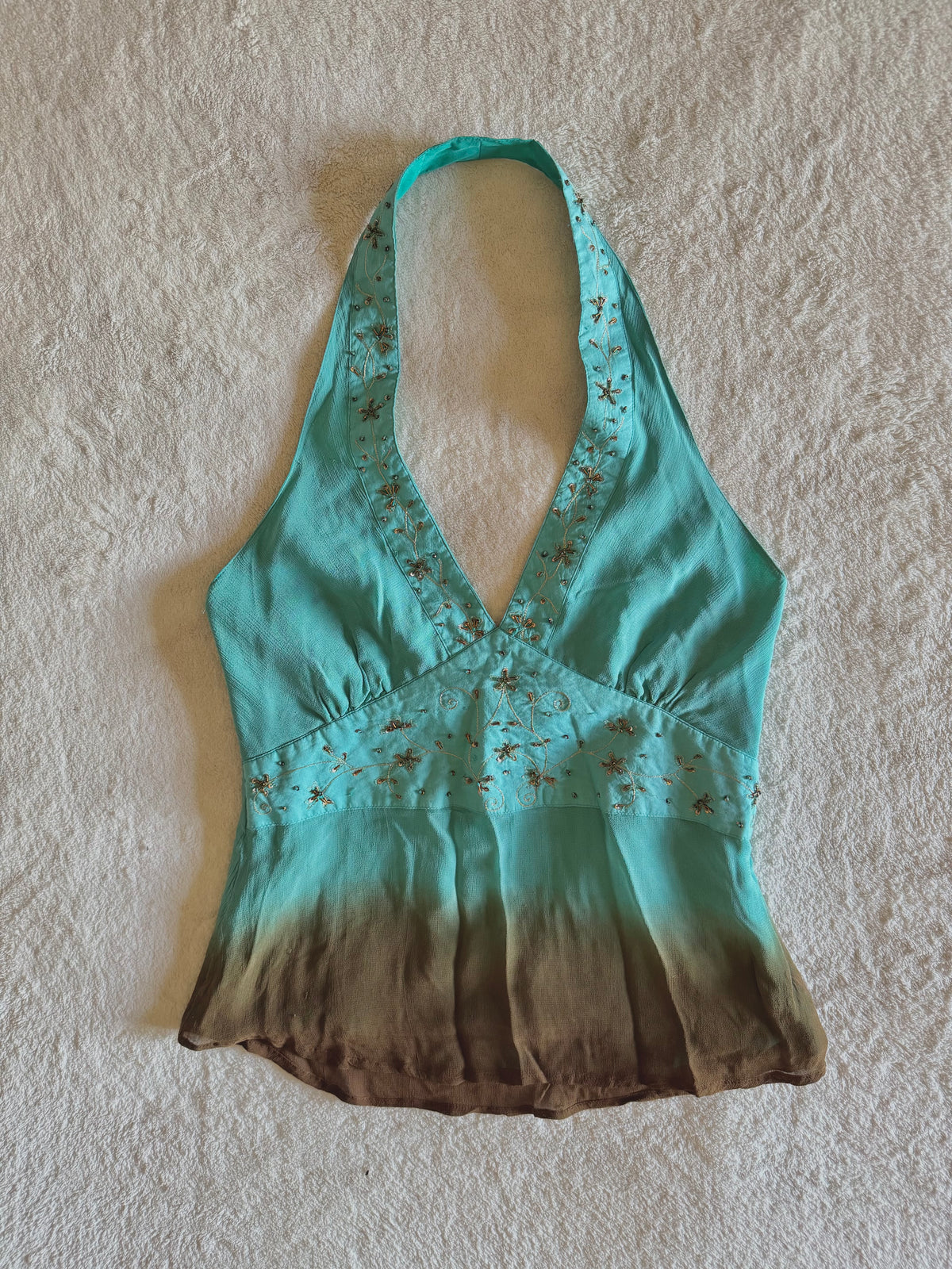 y2k vintage ombre brown and turquoise blue fitted halterneck floral embroidered top