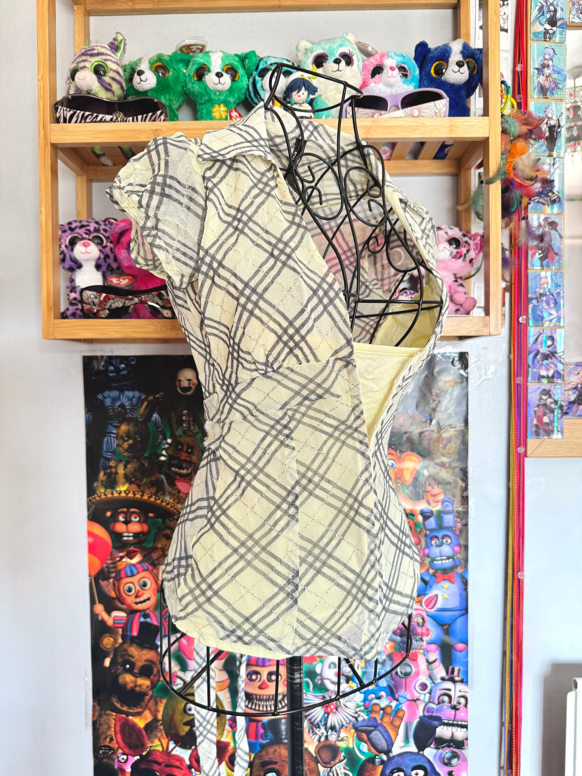 y2k vintage plaid print glittery tie back fitted blouse with built-in cami under