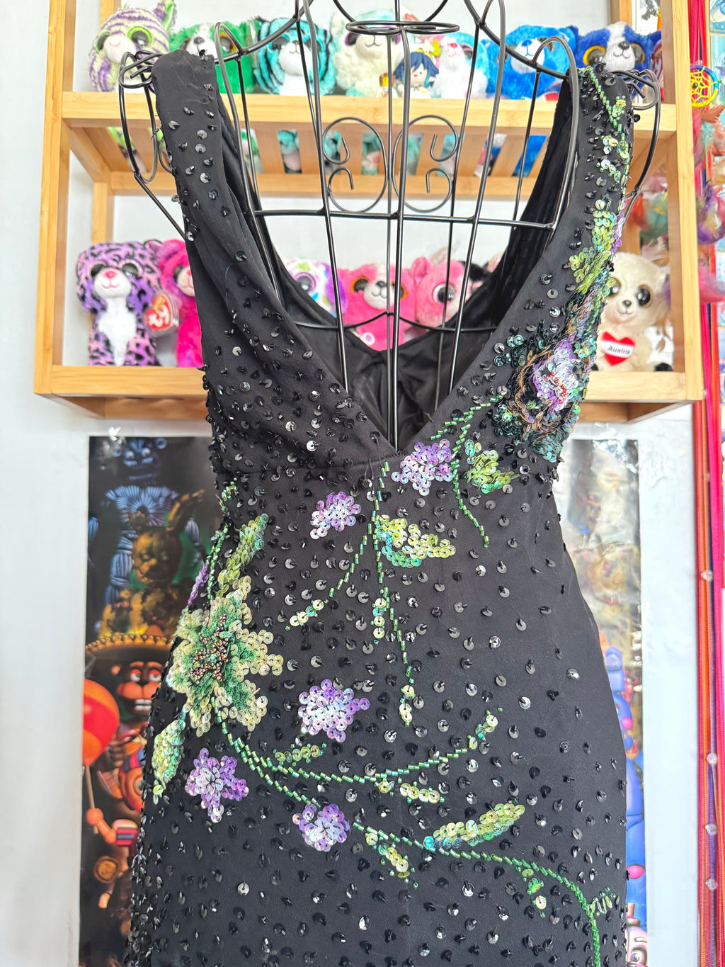 y2k vintage silk asymmetrical hem V-neck sequin embellished occasion dress