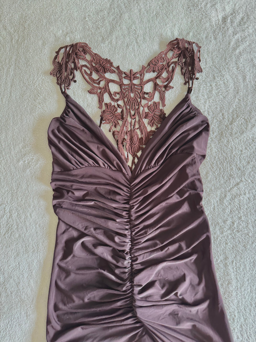 y2k vintage chocolate brown ruched fitted floral lace back fairycore mini dress
