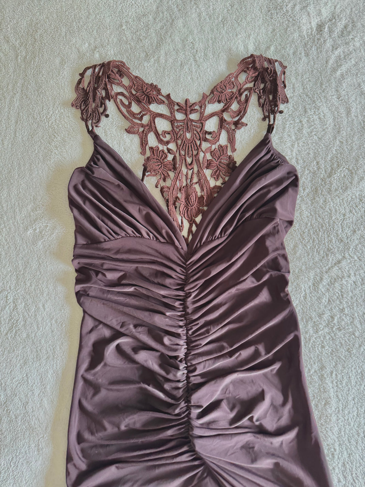 y2k vintage chocolate brown ruched fitted floral lace back fairycore mini dress