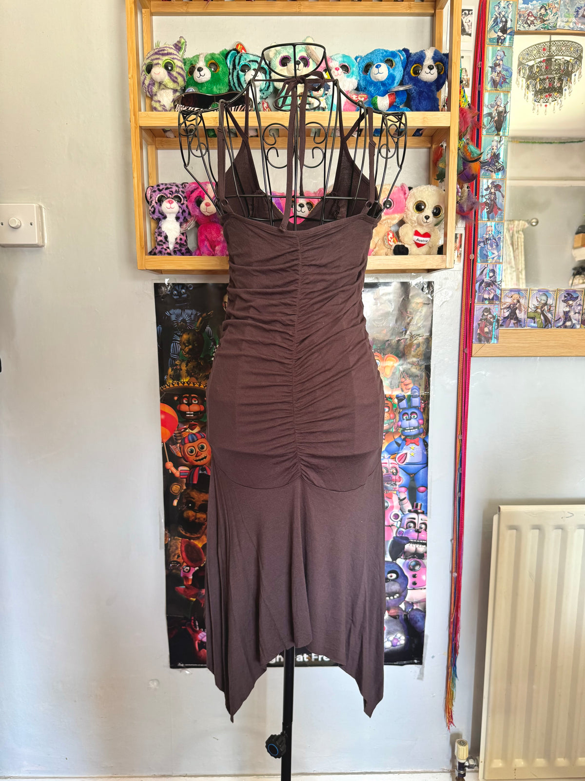 y2k vintage chocolate brown ruched asymmetrical hem midi halterneck dress with golden sequins