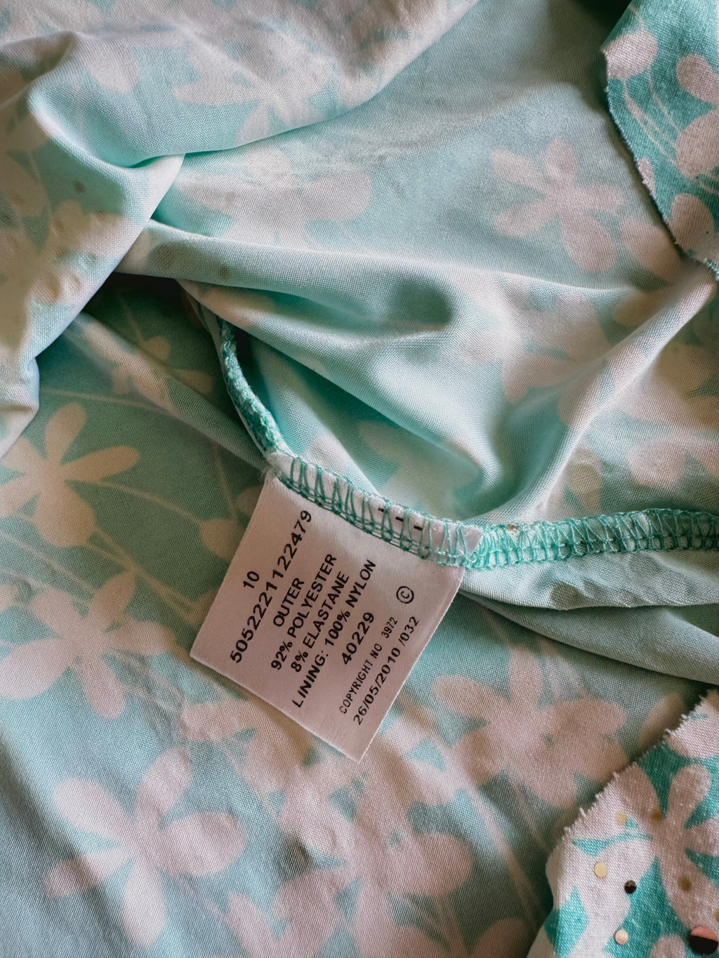y2k vintage turquoise blue floral slinky fitted cami top with sequins