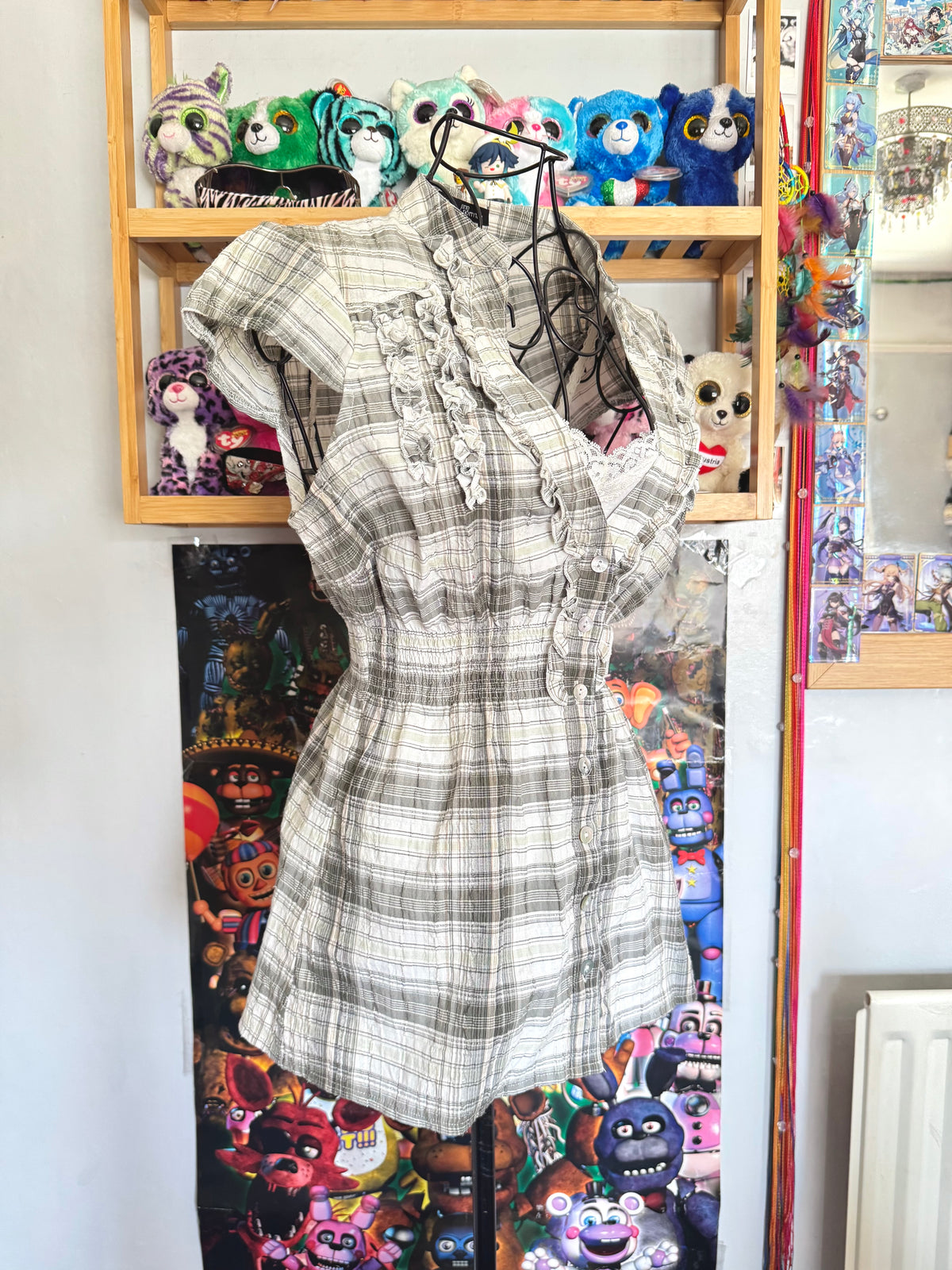 y2k vintage checkered button up babydoll top with elasticated waist and cap sleeves