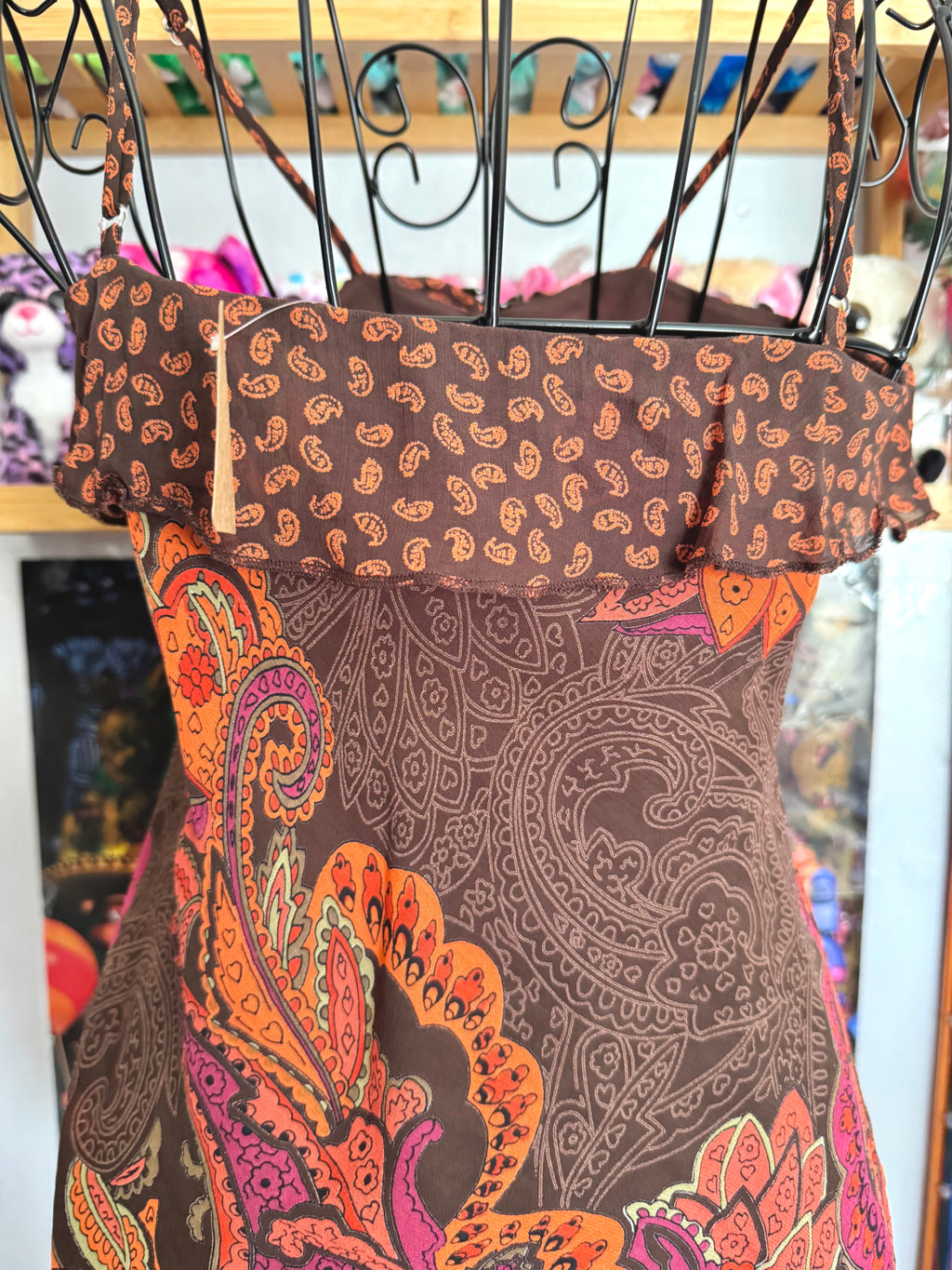 y2k vintage fitted brown and orange paisley print cami top