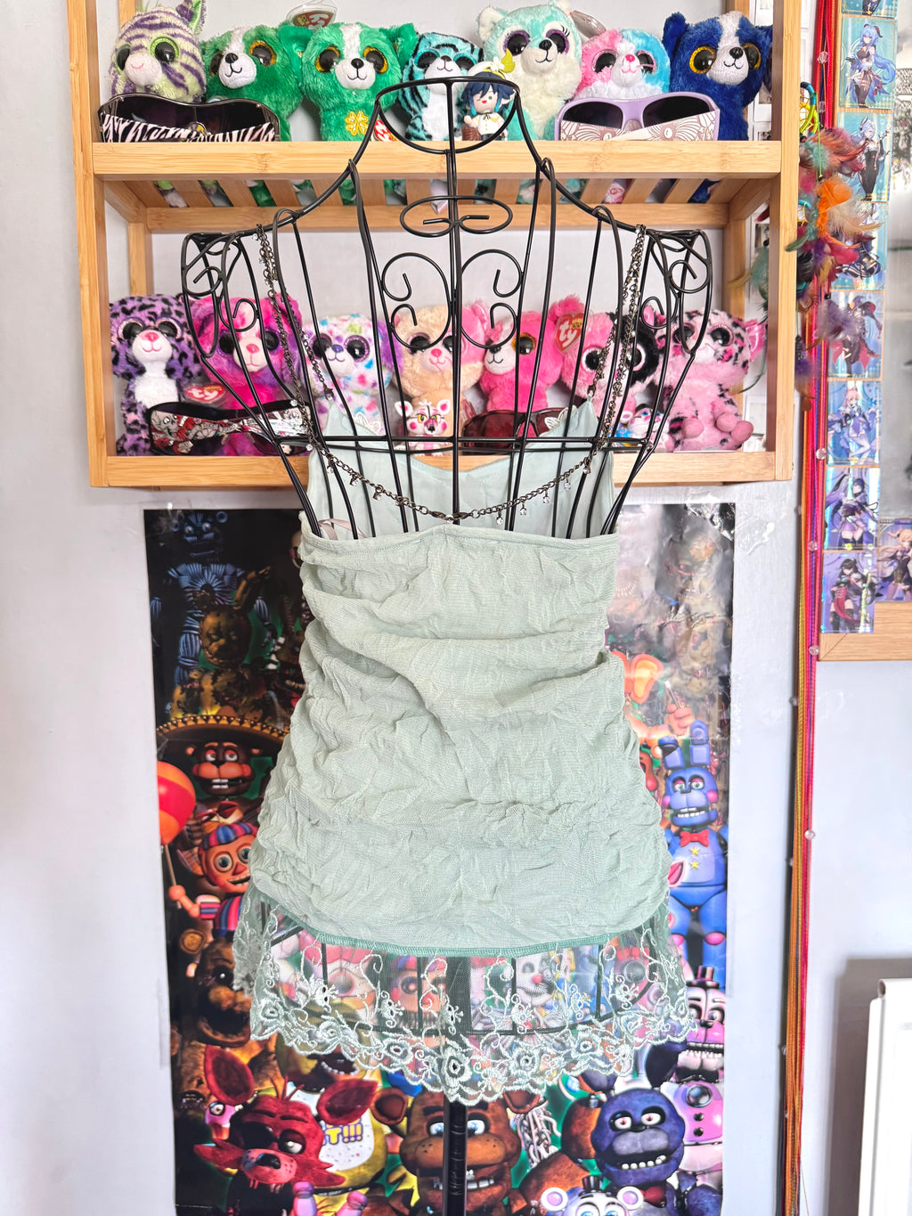 y2k vintage pale sage green mesh fitted cami top with lace trim and beaded chain straps