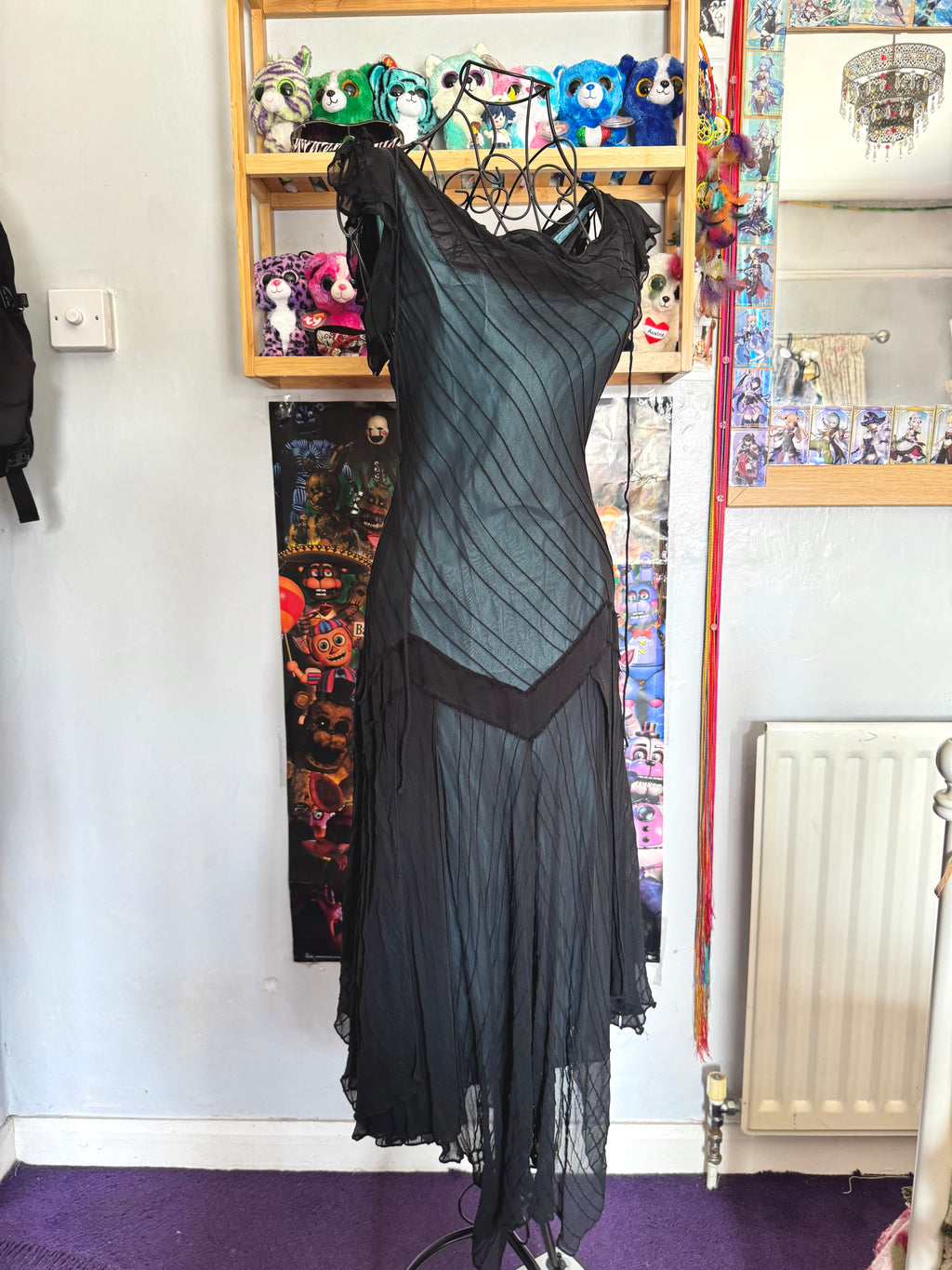 y2k vintage silk hanky fairy hem black maxi dress with blue underlay