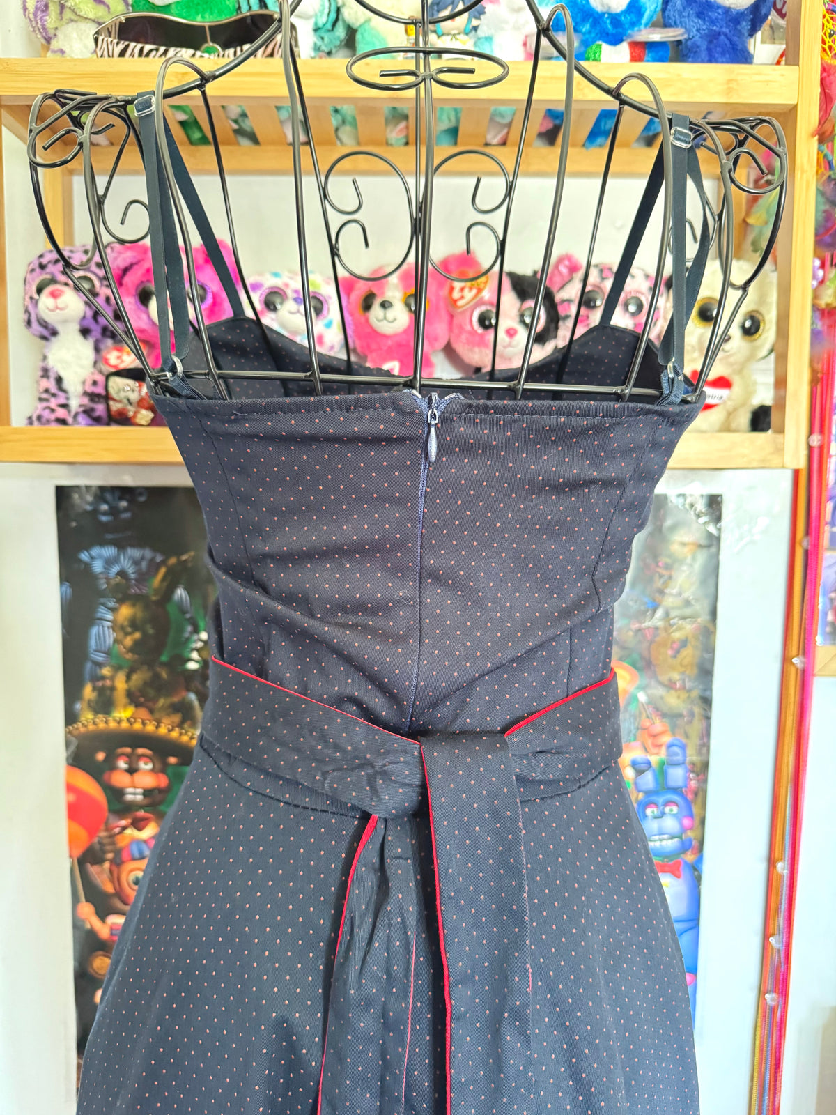 y2k vintage 50’s inspired navy blue and red polkadot tie back mini dress