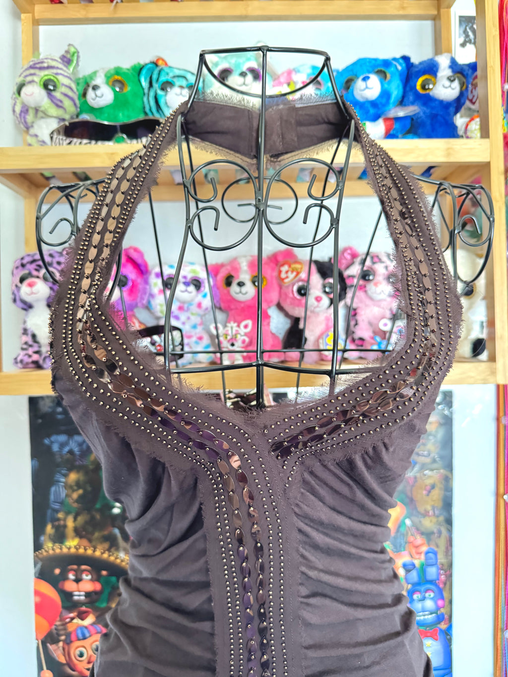 y2k vintage chocolate brown ruched and fitted low back sequin embellished halter top