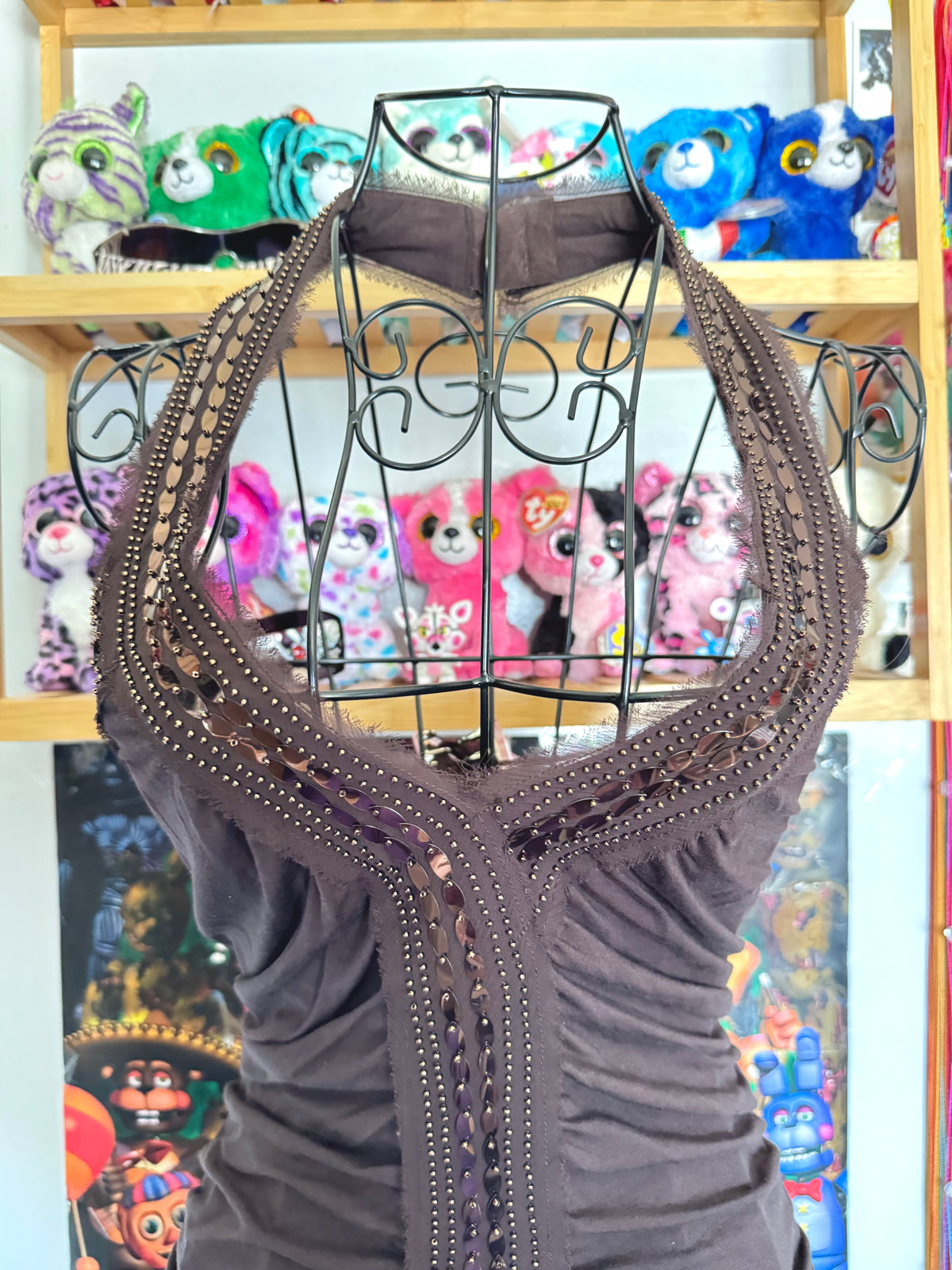 y2k vintage chocolate brown ruched and fitted low back sequin embellished halter top