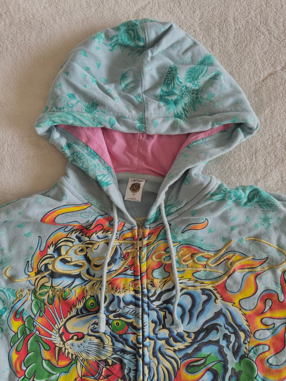 y2k vintage blue zip up drawstring neck hoodie with massive graphic front and back unisex