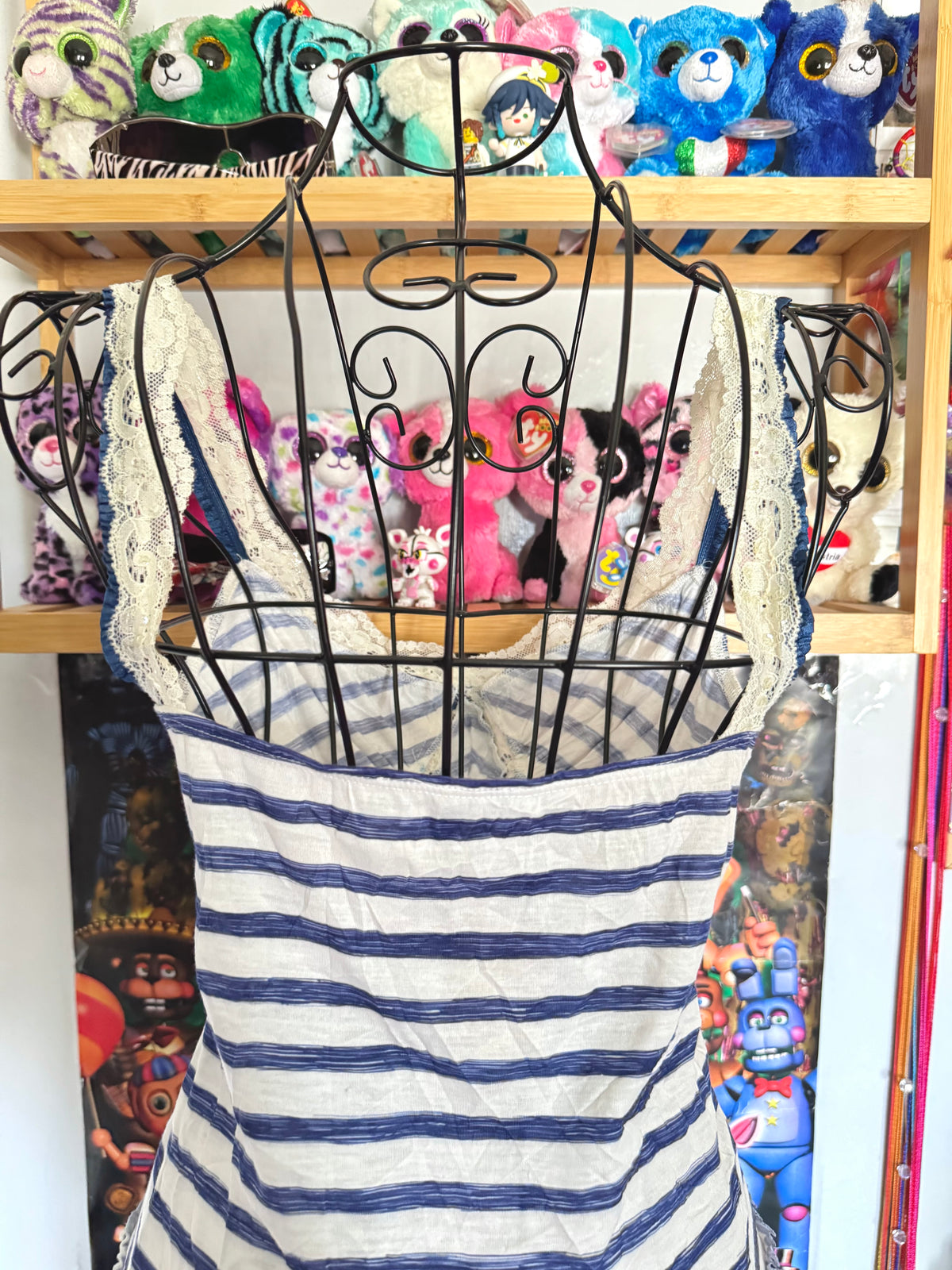 y2k vintage sailor vibes striped blue and white ruffle bottom cami top with lace trimmings