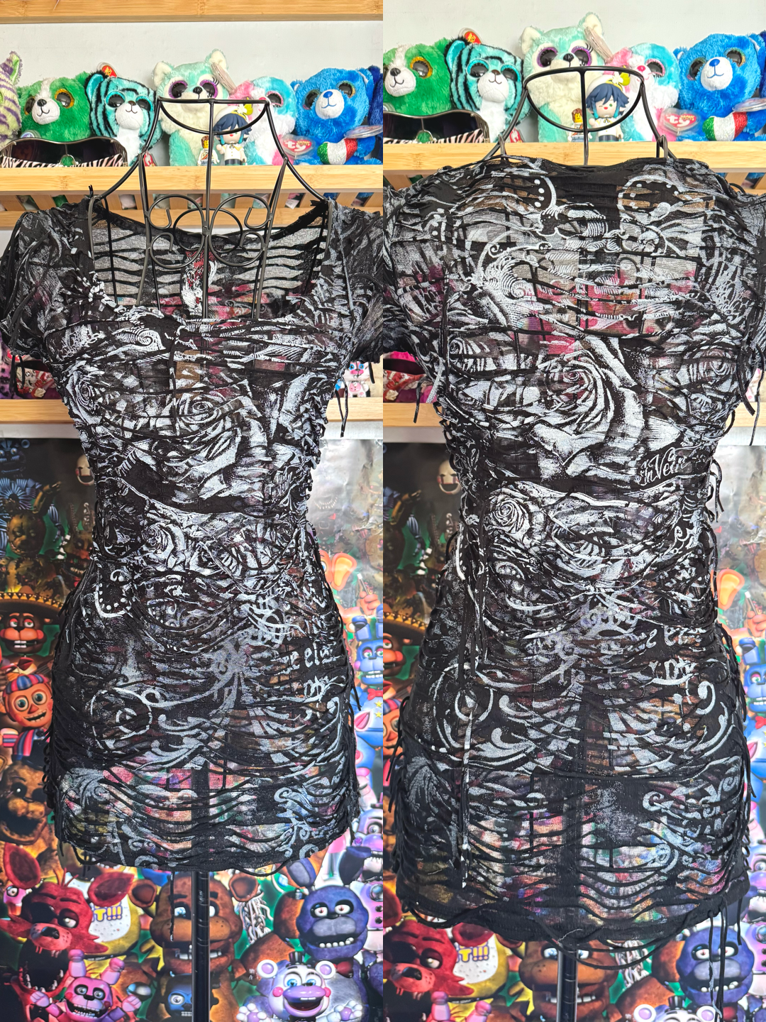 y2k vintage insane slashed graphic rose print sheer fitted tee grunge