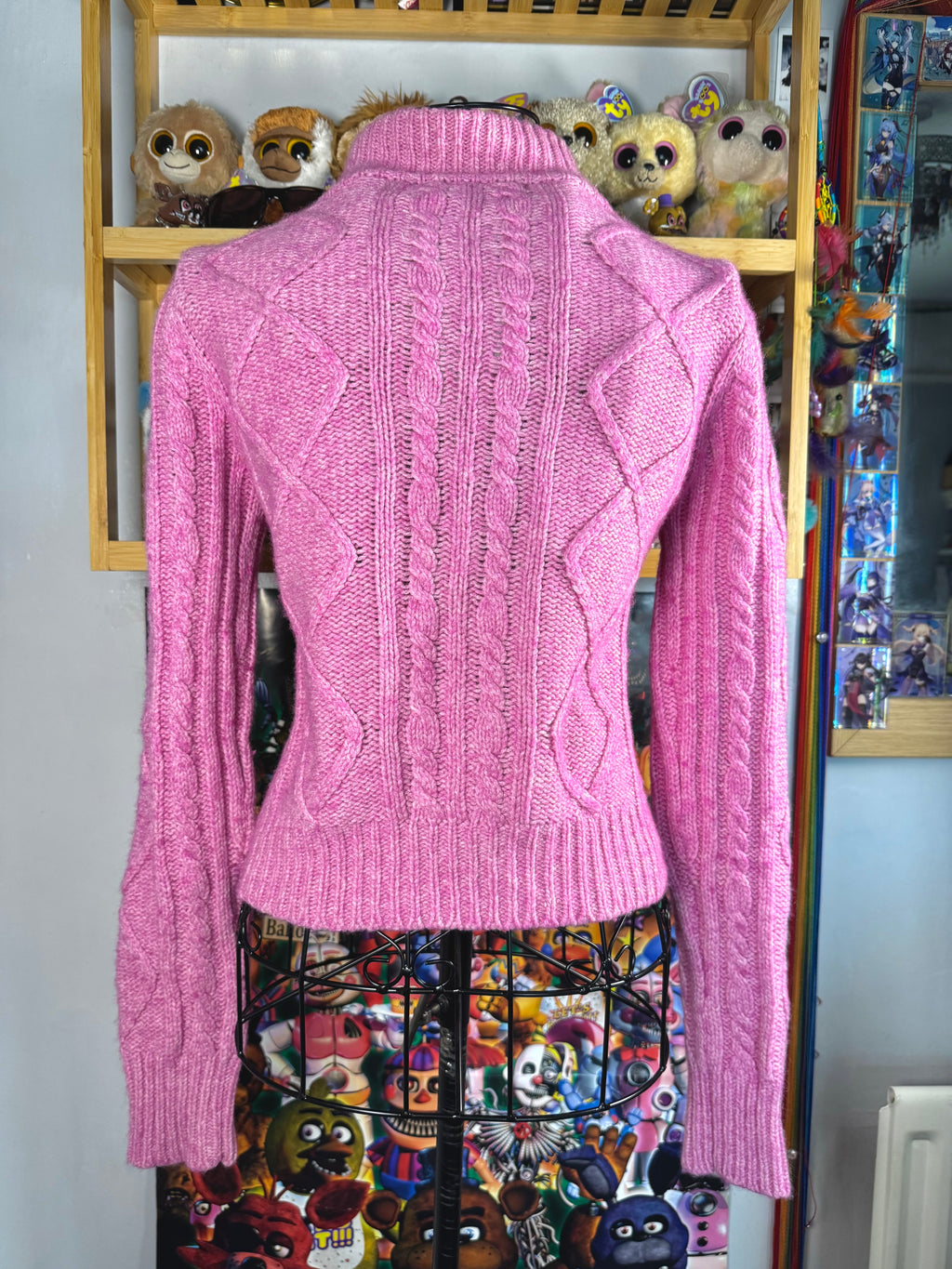 y2k vintage pink fitted cropped chunky cosy zip up jumper with bobbles