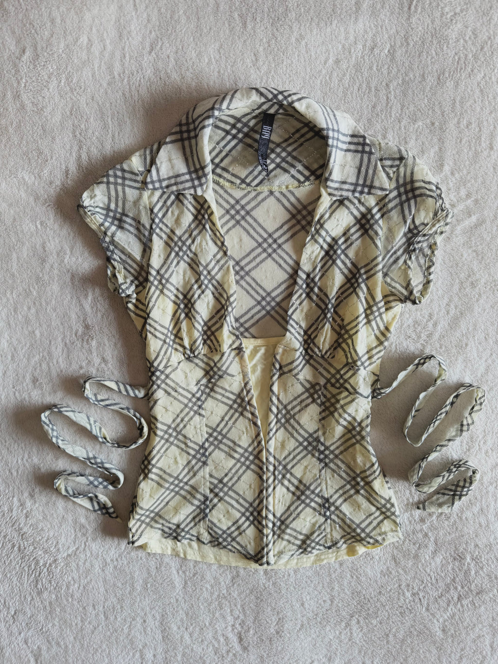 y2k vintage plaid print glittery tie back fitted blouse with built-in cami under