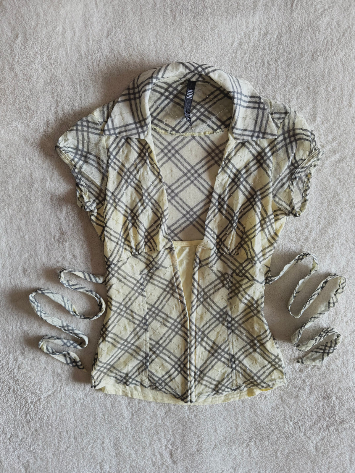 y2k vintage plaid print glittery tie back fitted blouse with built-in cami under