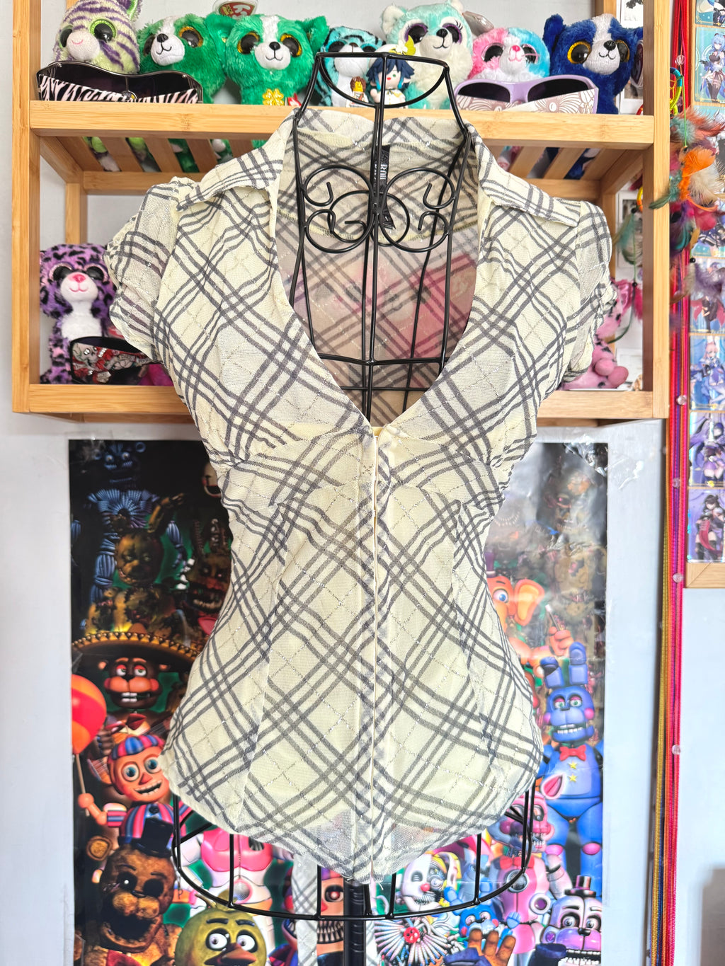 y2k vintage plaid print glittery tie back fitted blouse with built-in cami under