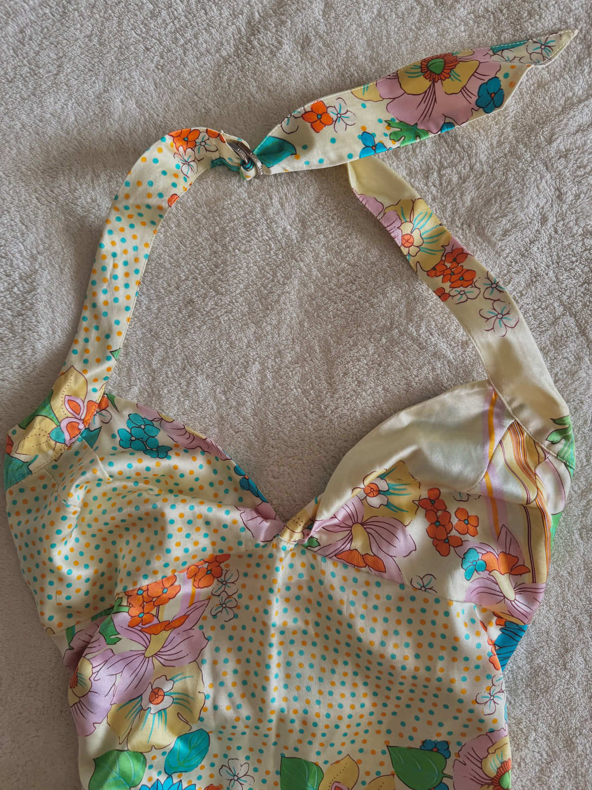 y2k vintage fitted silk floral ruched halterneck cami top