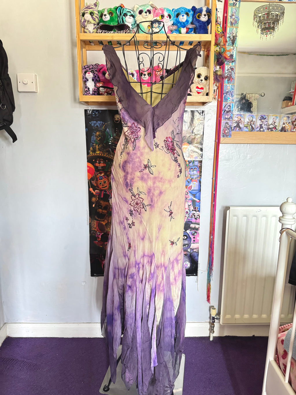 y2k vintage violet purple whimsical silk floral beaded hanky hem cowl neck maxi dress fairy