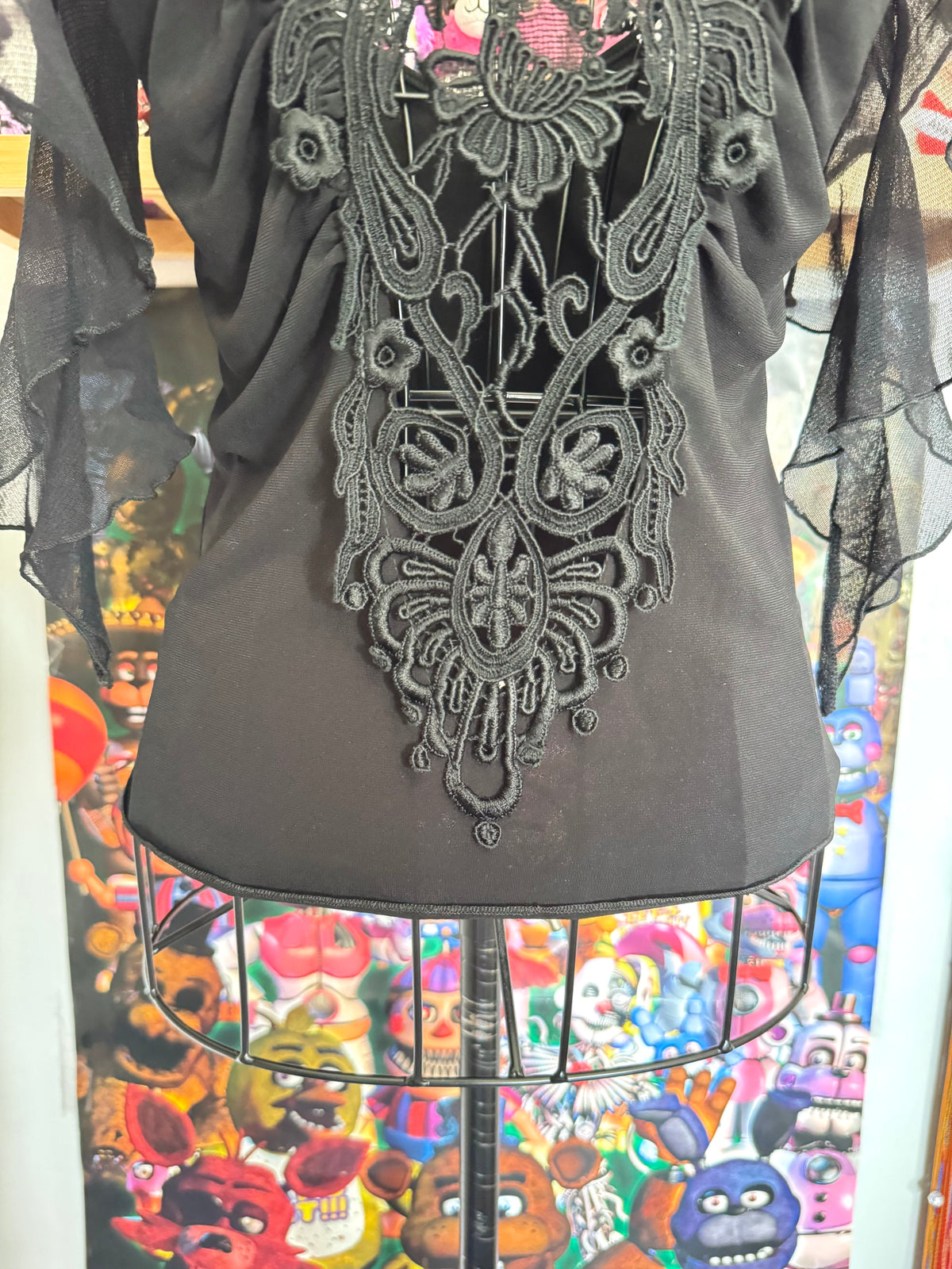 y2k vintage black mesh fitted top with lace front and tassel sleeves