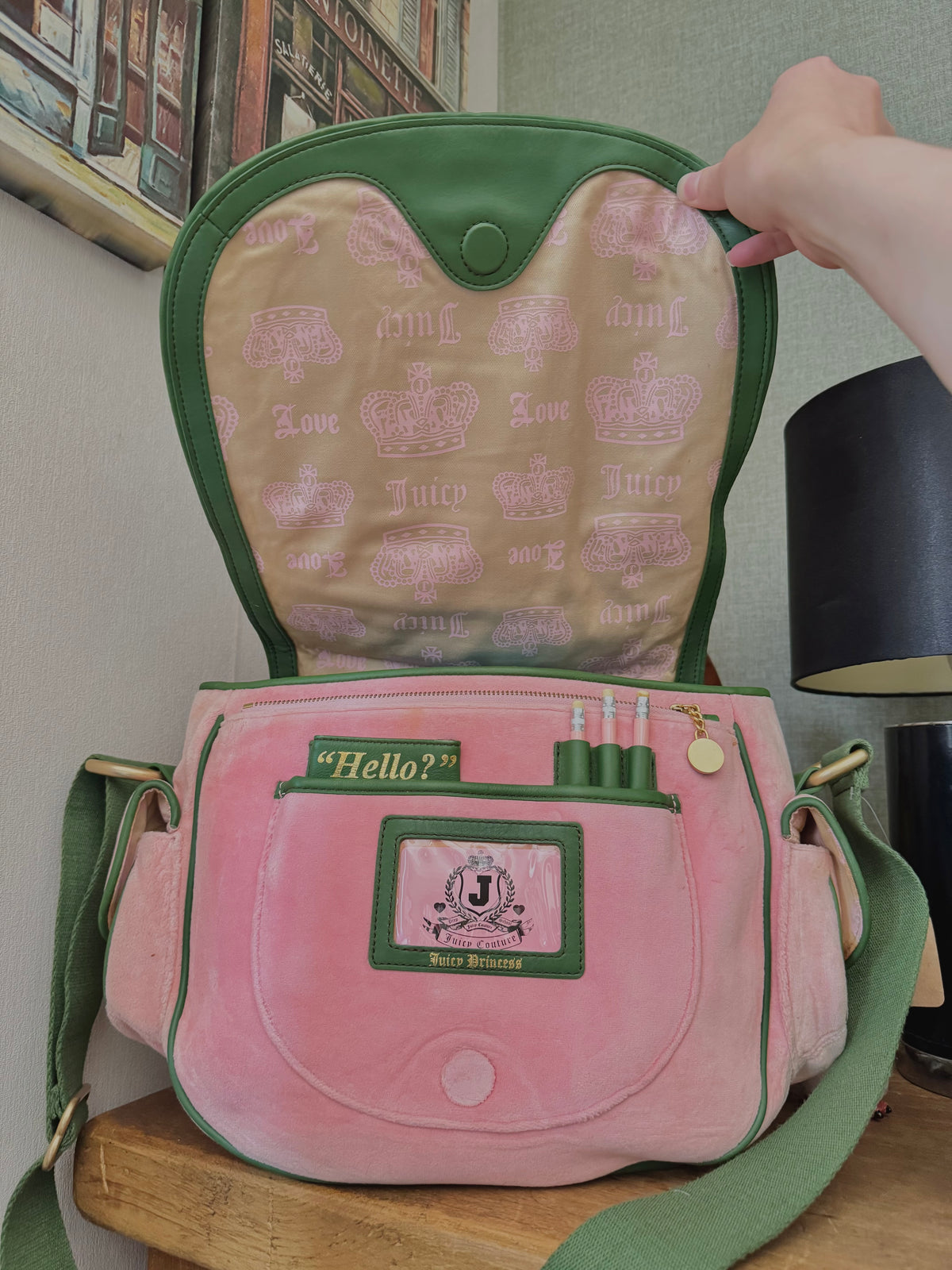 rare y2k vintage pink and green velour luxury Juicy Couture trustfund generation crossbody bag