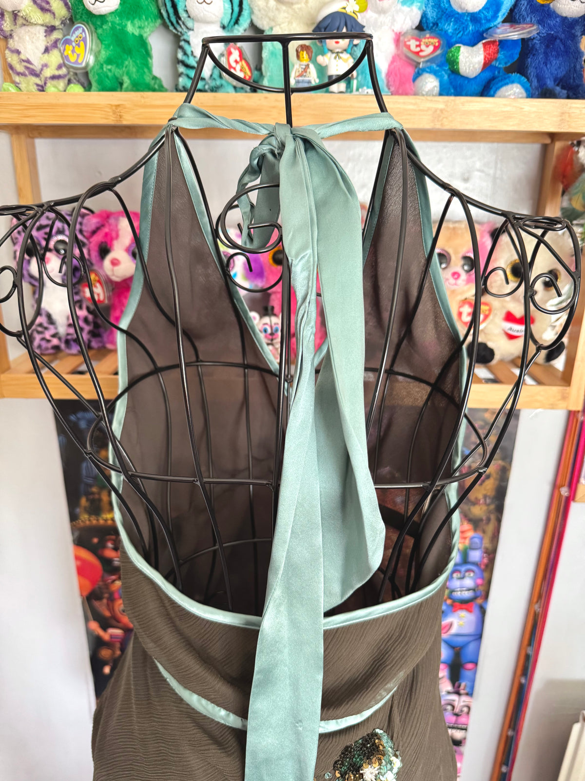 y2k vintage brown, turquoise silk asymmetric layered fairy halter cami top with sequins