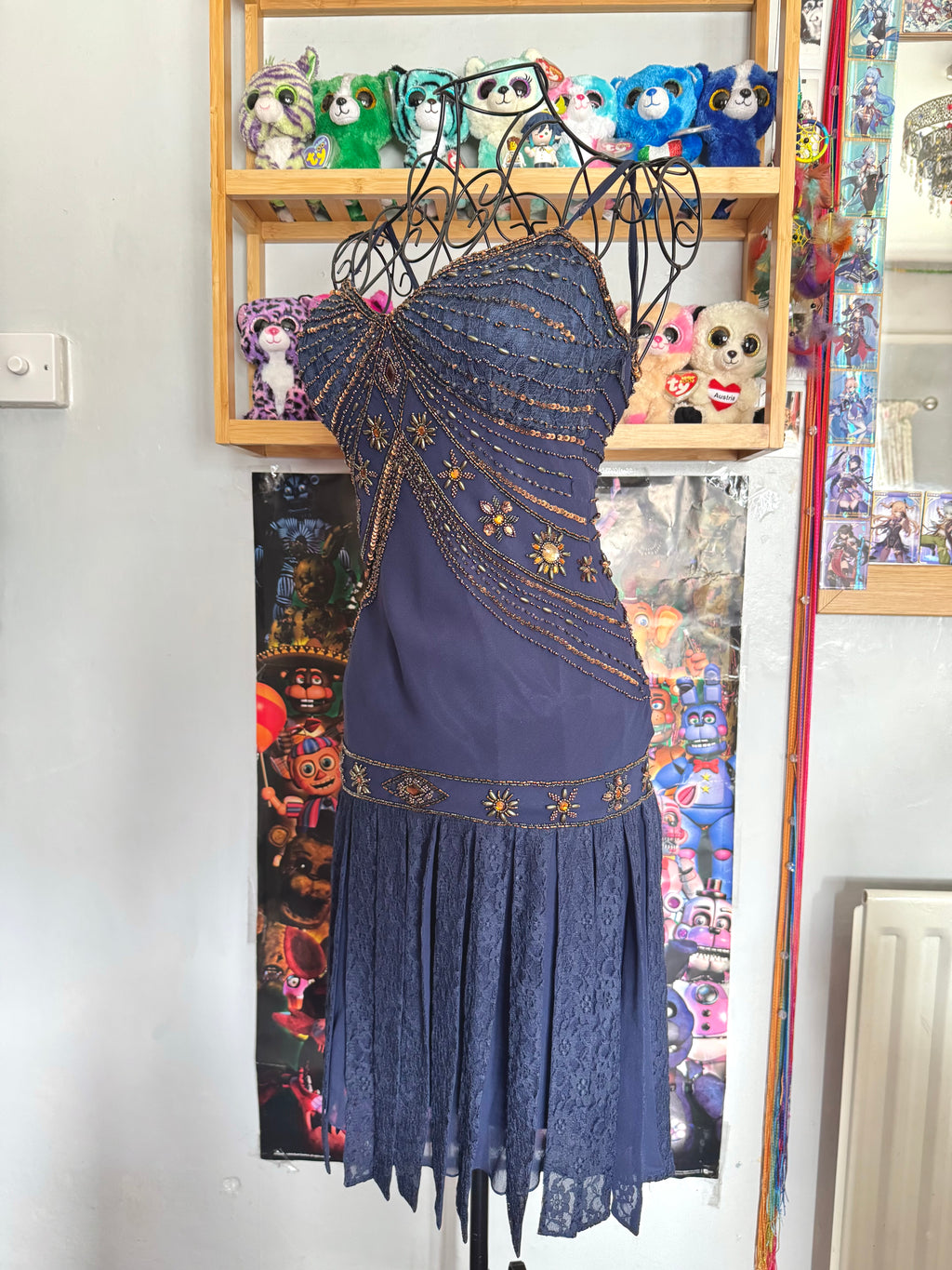 vintage 90’s royal navy blue silk dress gold and bronze beading embellishments astrology astronomy
