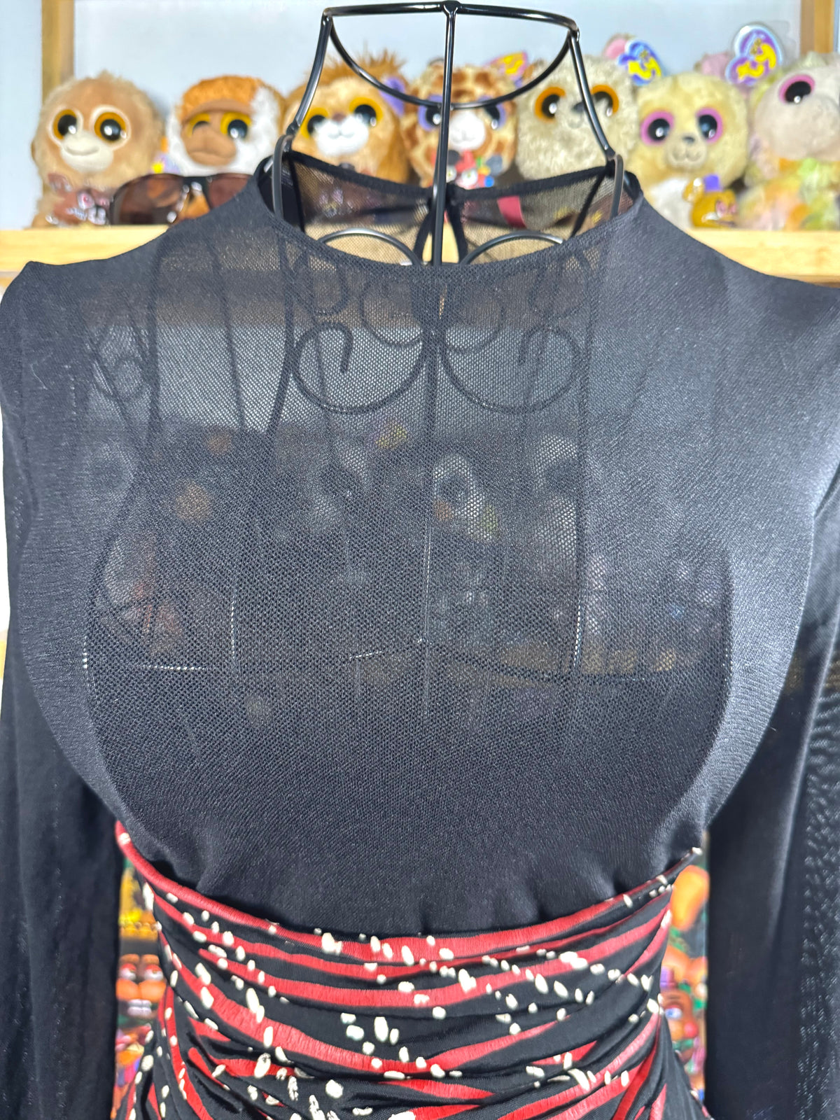 y2k vintage fitted ruched mesh long sleeved top with red slinky swirl pattern body