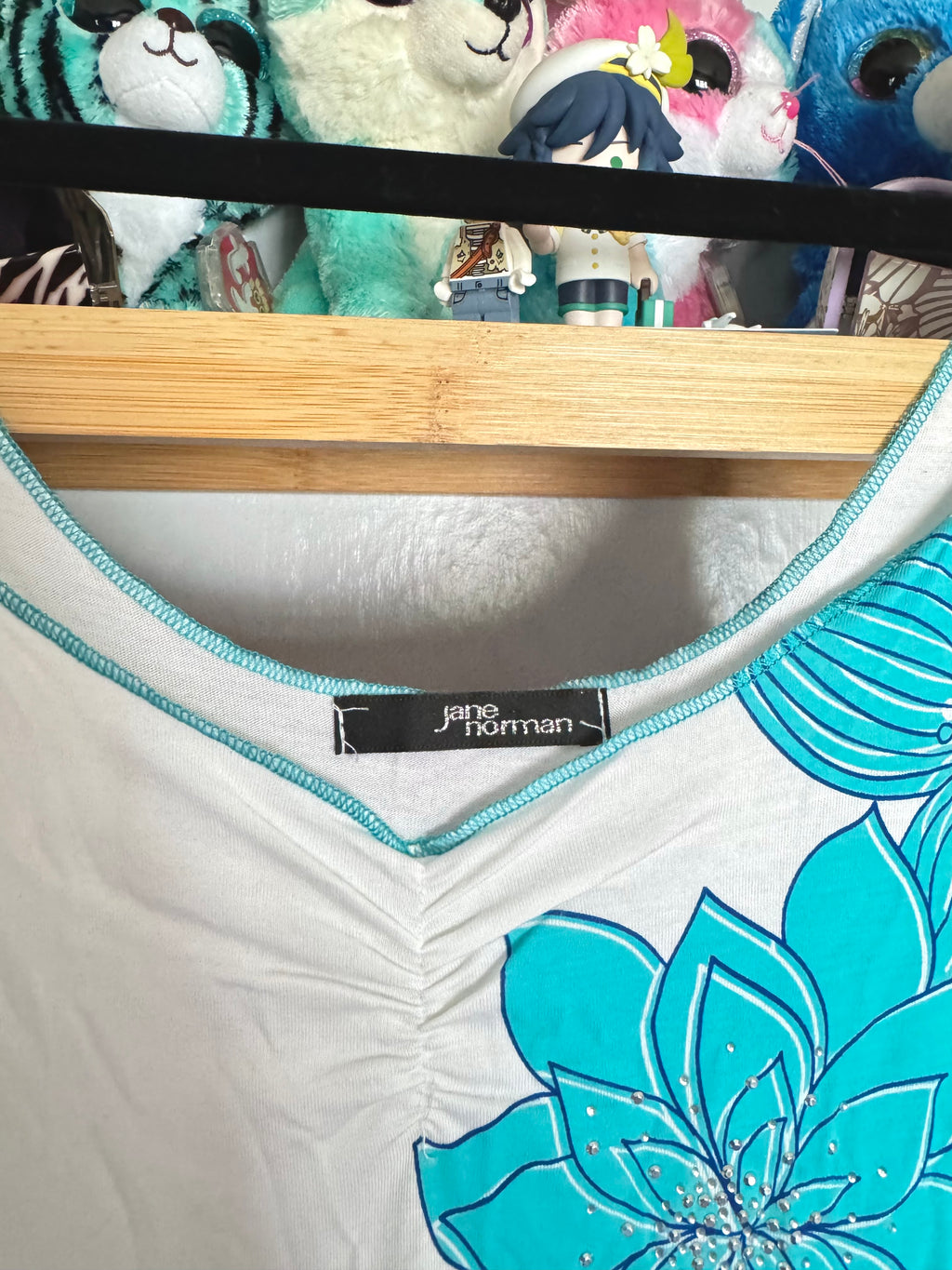 y2k vintage turquoise floral print fitted cami top with ruched detail, rhinestones and sleeve tassels