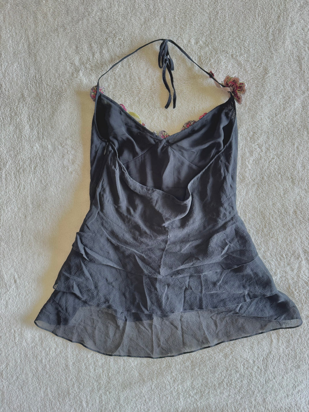 y2k vintage stunning silk ruffle tiered floral halterneck cami top