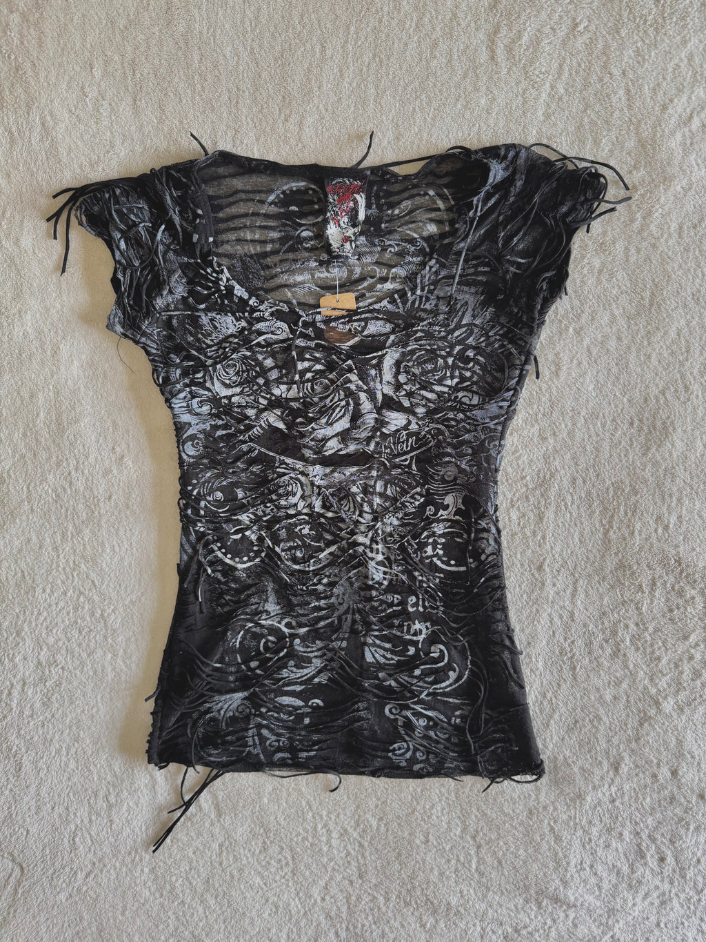y2k vintage insane slashed graphic rose print sheer fitted tee grunge