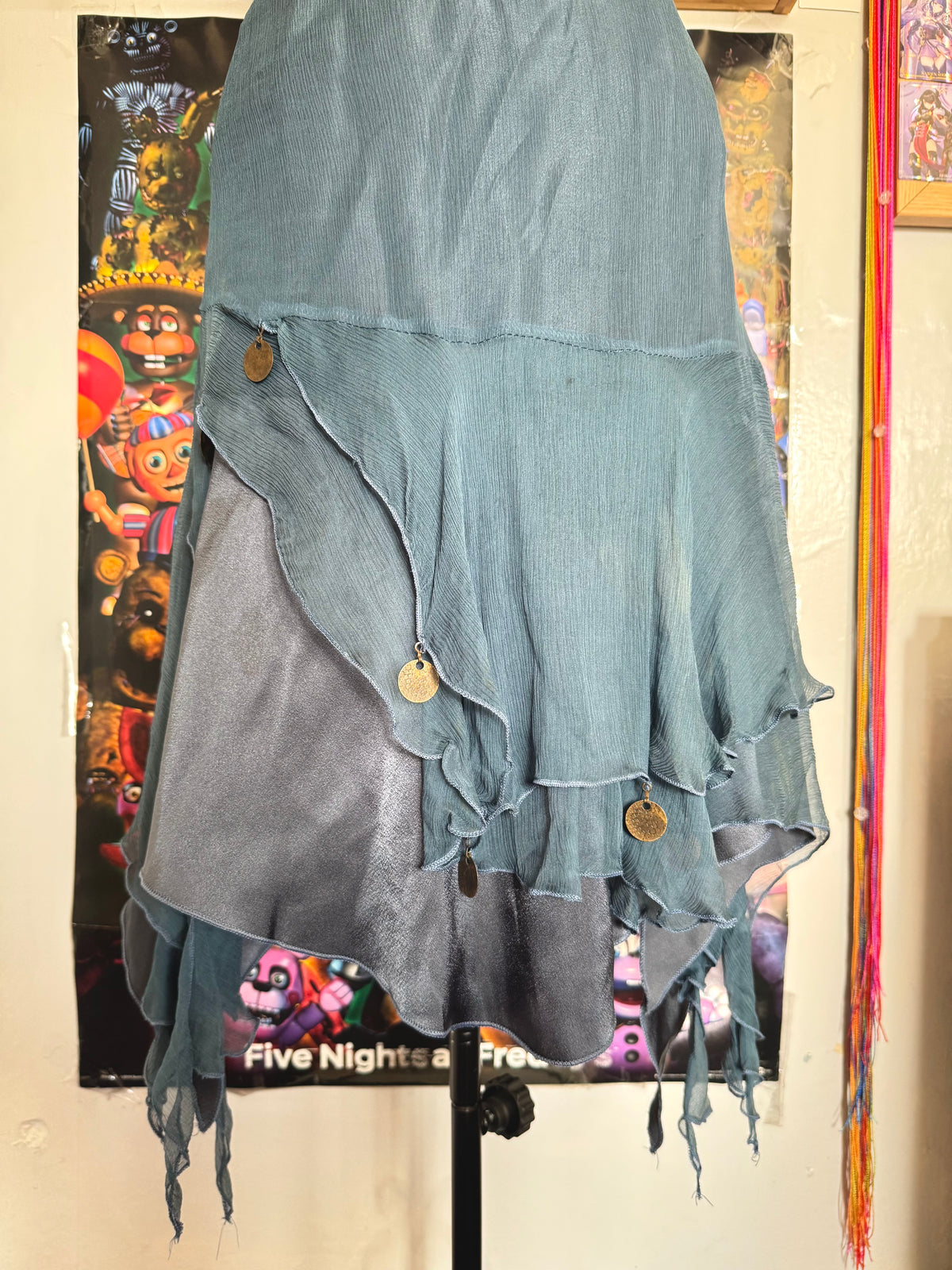 y2k vintage blue silk midi dress with asymmetrical hanky hem and coin tassels