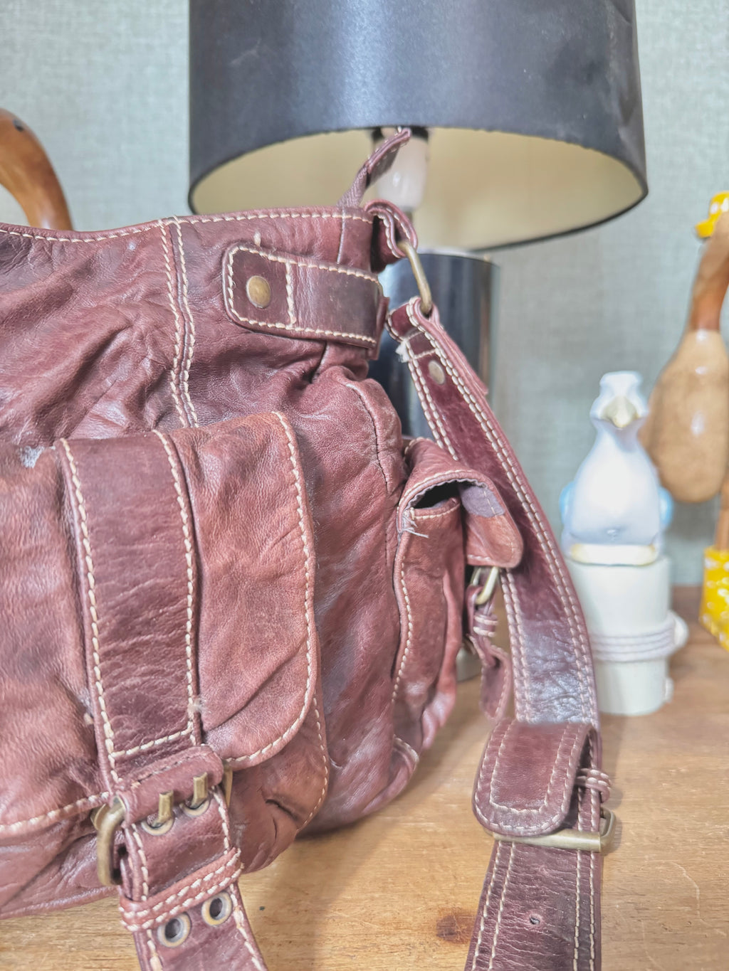 y2k vintage brown real leather golden hardware detail buckle shoulder bag