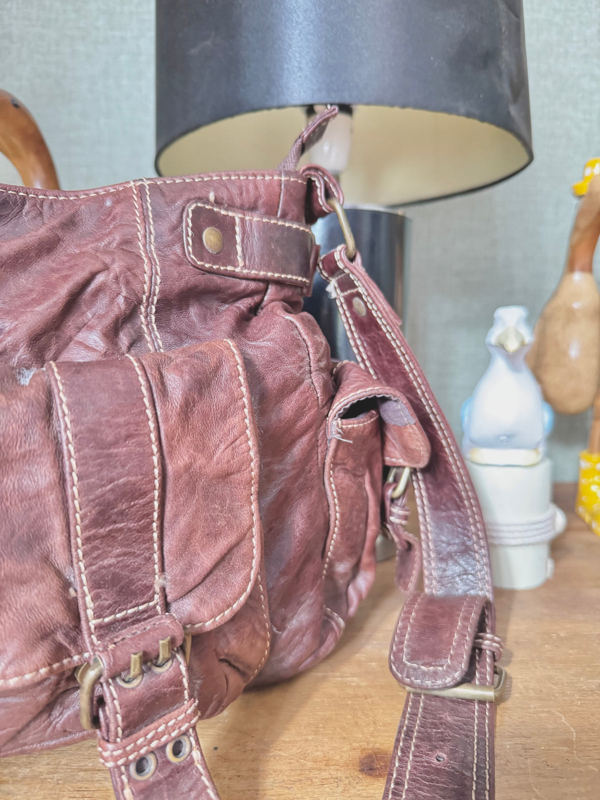 y2k vintage brown real leather golden hardware detail buckle shoulder bag