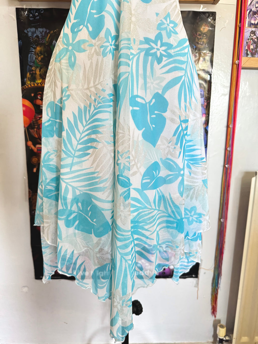y2k vintage tie back turquoise blue mesh asymmetrical lettuce hem mini dress
