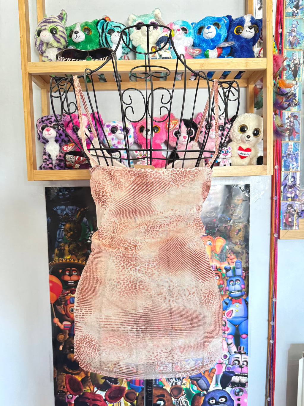 y2k vintage sheer mesh leopard print pink and tan cropped fitted cami top summer festival